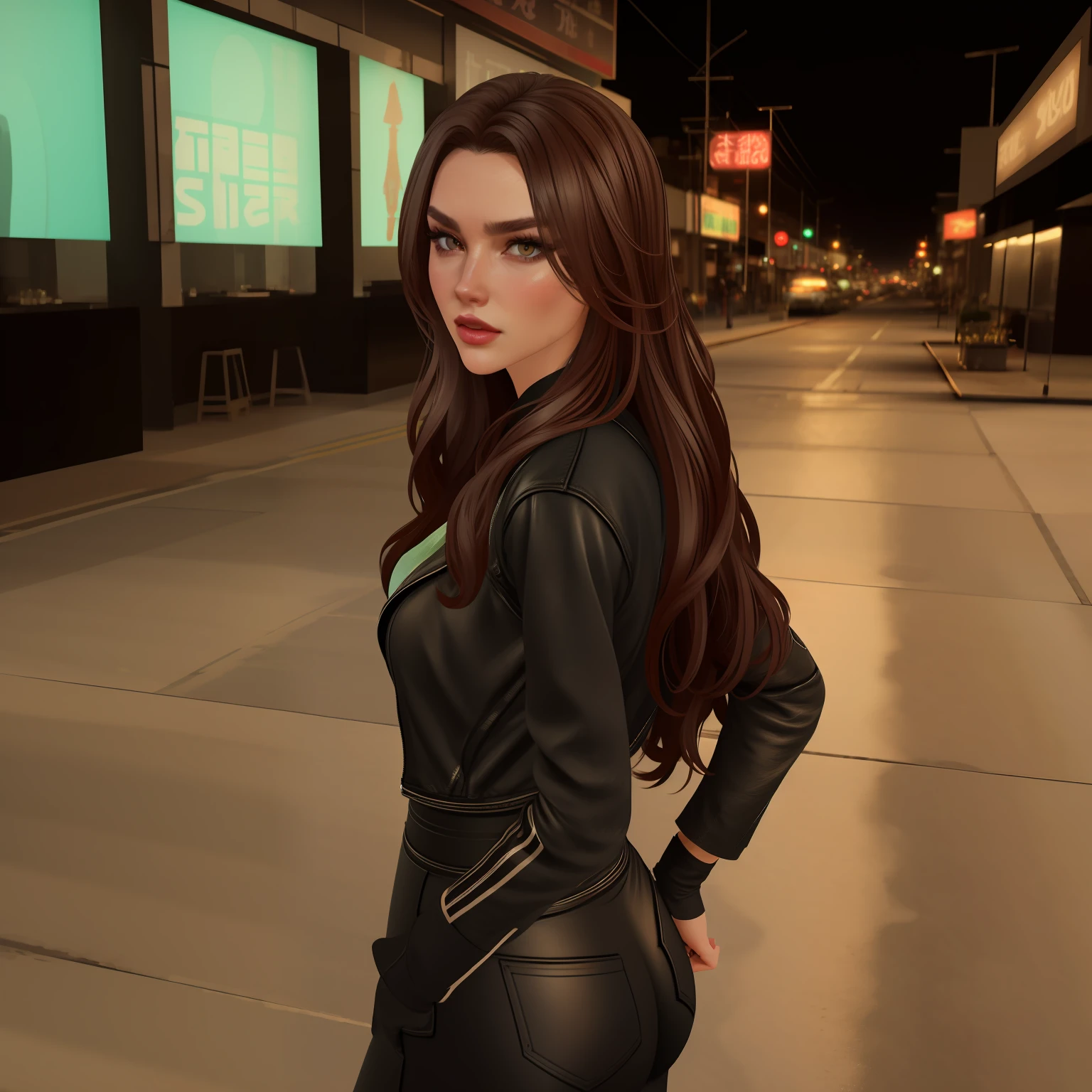 realistic close portrait of very beautiful girl, a young supermodel girl, asian market backgroud, shop neon signs, night city lights, green eyes, full body photo, photo realistic, perfect fitness body, long legs, beautiful perfect symmetrical face, expressive eyes, doe eyes, high cheekbones, long hair, long beautiful flowing ink like hair, delicate makeup, aperture 1. 8, bokeh, lens flare, melancholy expression, extradimensional, ultra hd, hdr, 8k, cinematic lights, extremely high details, asian market backgroud, shop neon signs, night city lights