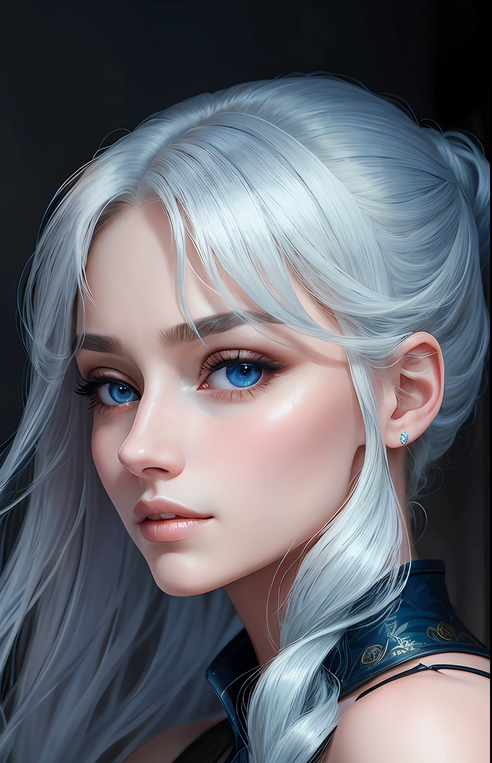 animesque、One person20Beautiful woman of age、Moisturized eyes、ciri、a picture、Androgynous Hunnuman、oval jaw、Delicate features、beautiful countenance、The hair、long bangs、long pony tail、Blue eyes with beautiful shine、LDS Art