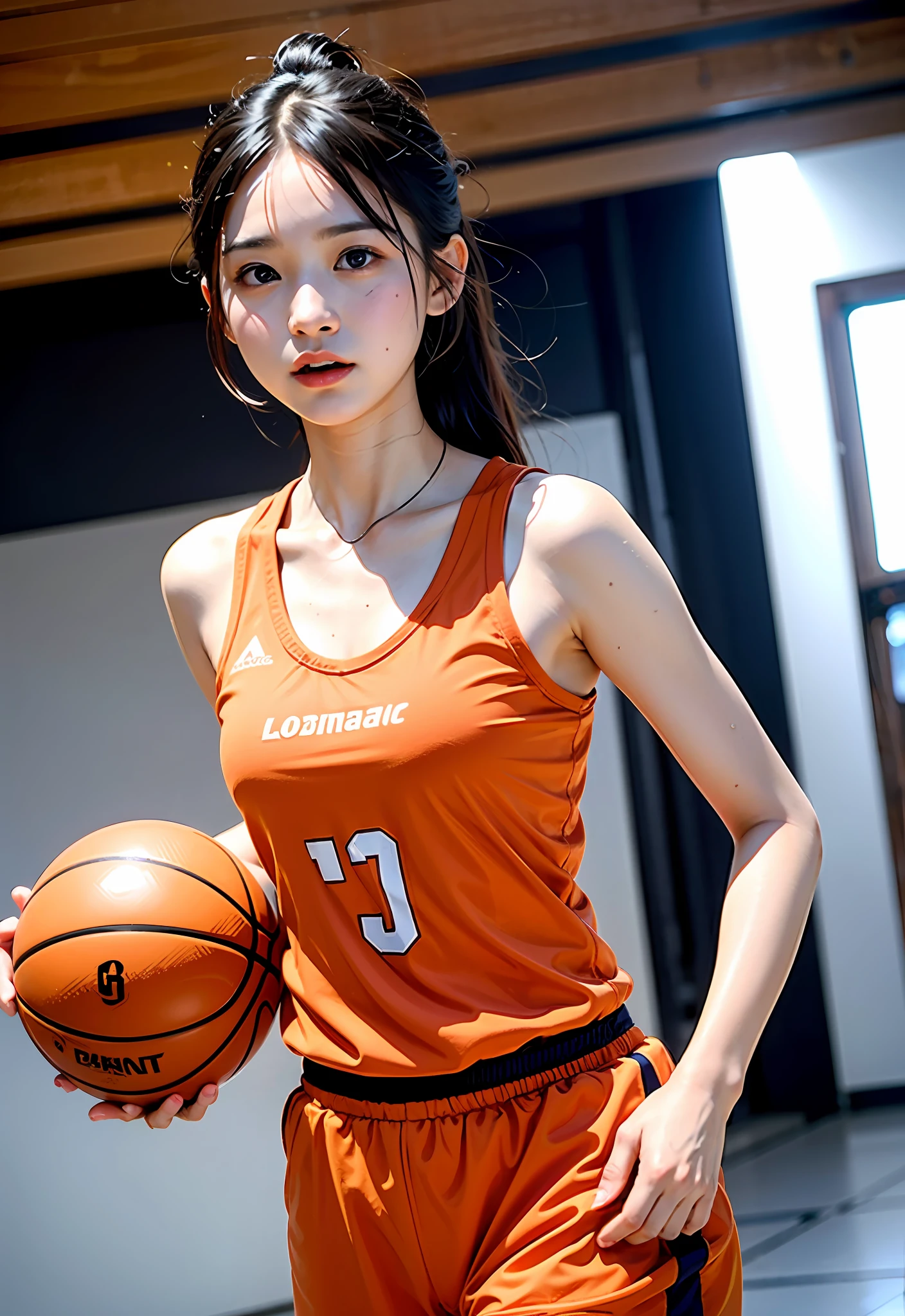 8K、Top image quality、masterpiece、夏天、basketball、 student、(1little girl)、Gymnasium、(Facial expressions that enjoy with all their might)、Cinematic lighting、Expressing the speed and dynamism of basketball、Sweat dripping、Orange tank top、Orange shorts