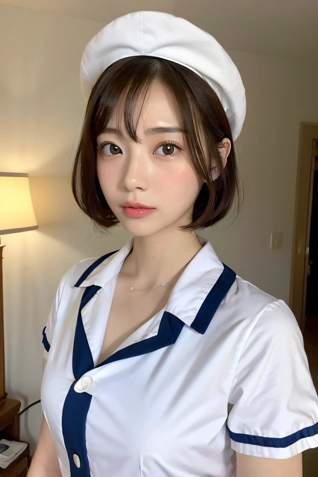 (top-quality、8K、32K、masterpiece、nffsw:1.2)、Photo of a cute Japanese woman、女の子 1 人、(Medium short dark brown hair)、(small tits)、二重まぶた、White nurse uniform、Little White Nurse (caps) 、White shirt、open-shirt、hospitals、Hospital Room、The upper part of the body、