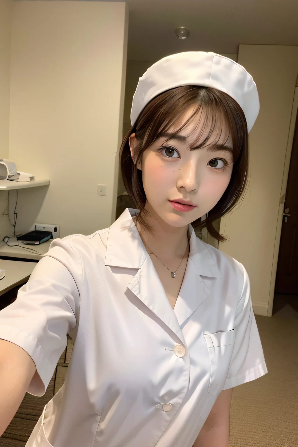 (top-quality、8K、32K、masterpiece、nffsw:1.2)、Photo of a cute Japanese woman、女の子 1 人、(Medium short dark brown hair)、(small tits)、二重まぶた、White nurse uniform、Little White Nurse (caps) 、White shirt、open-shirt、hospitals、Hospital Room、The upper part of the body、