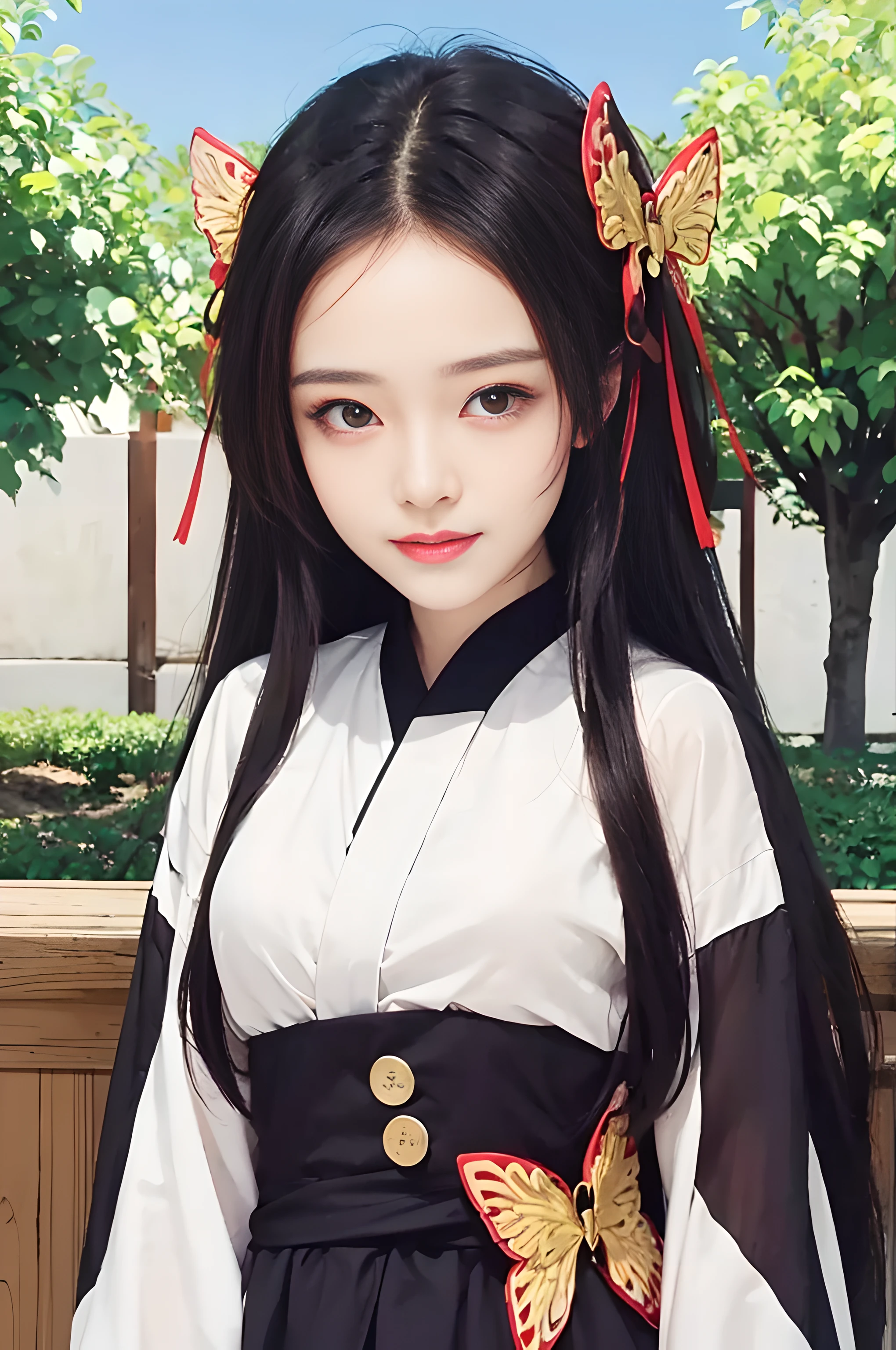Masterpiece, best picture quality, high quality, beautiful woman, Japanese, popular Korean makeup, detailed, swollen eyes, detailed eyes, detailed skin, beautiful skin, ultra high resolution, (reality: 1.4),very beautiful, slightly younger face, beautiful skin, slender, (ultra realistic), (illustration), (high resolution), (8K), (very detailed) (best illustration), (beautifully detailed eyes), (super detailed), (wallpaper), (detailed face), looking at viewer, fine details, detailed face, pureerosfaceace_v1, smiling, looking straight ahead, looking straight ahead, angle from waist up, realistic photo, bright lighting, professional lighting, black hair (some of hair part green), long hair, dark ruins, big red moon, gorgeous red and black dress, mature woman, long stylish bangs,