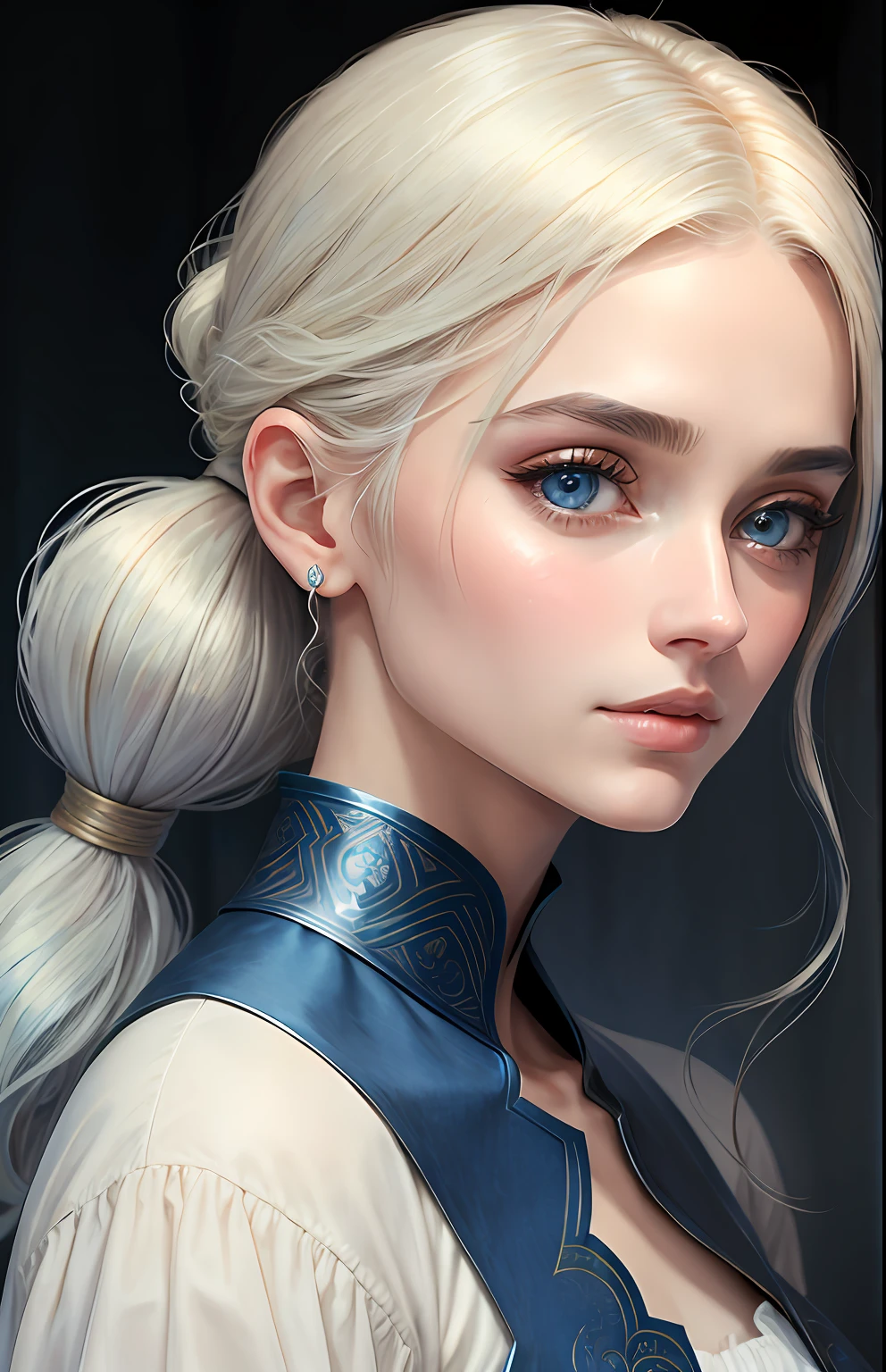 animesque、One person２０Beautiful woman of age、Moisturized eyes、ciri、a picture、Androgynous Hunnuman、oval jaw、Delicate features、beautiful countenance、The hair、long bangs、long pony tail、Blue eyes with beautiful shine、LDS Art