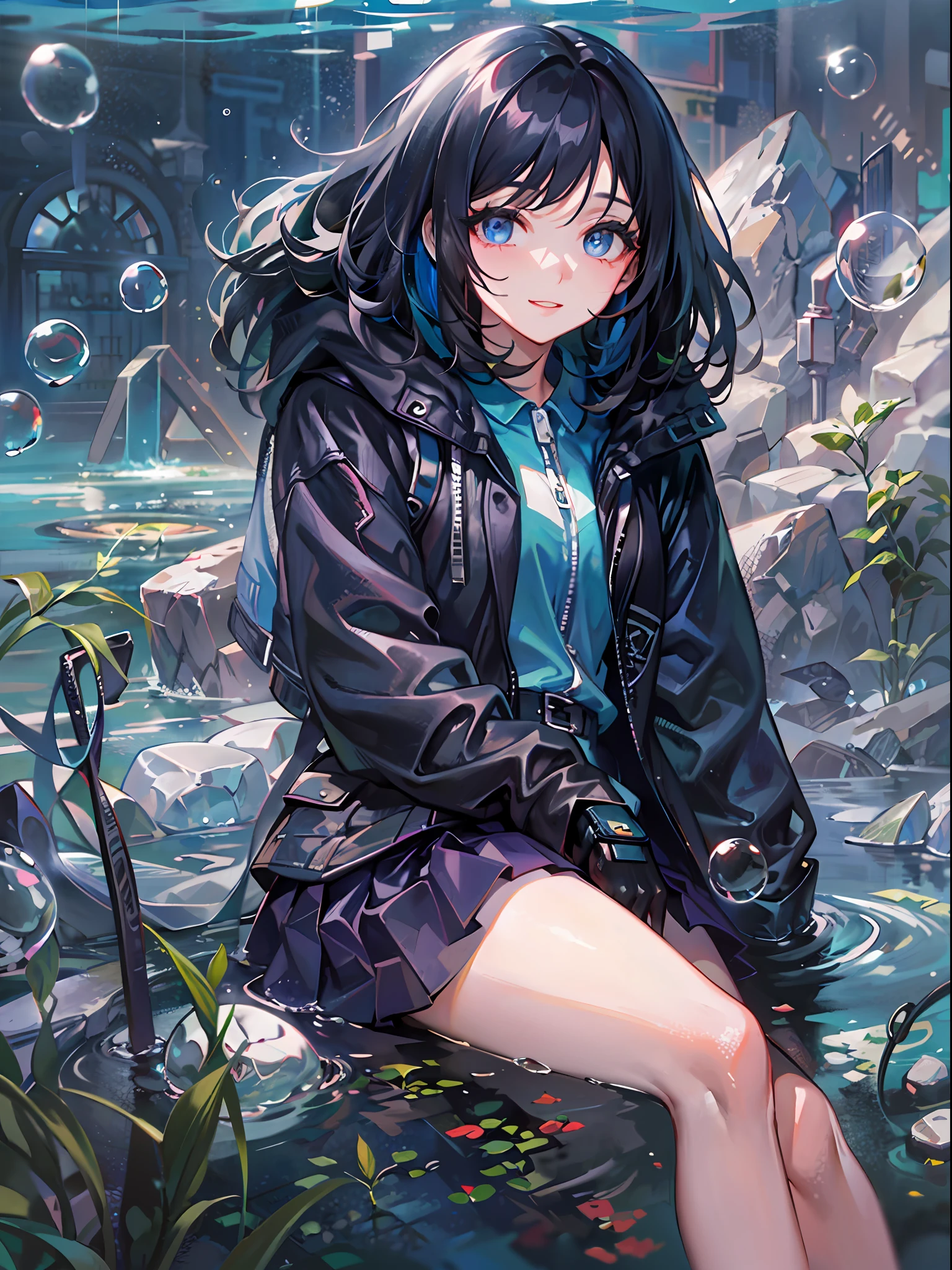 ((top-quality)), ((​masterpiece)), ((ultra-detailliert)), (extremely delicate and beautiful), girl with, 独奏, cold attitude,((Black jacket)),She is very(relax)with  the(Settled down)Looks,A dark-haired, depth of fields,evil smile,Bubble, under the water, Air bubble,bright light blue eyes,Inner color with black hair and light blue tips,Cold background,Bob Hair,a miniskirt,tight skirts