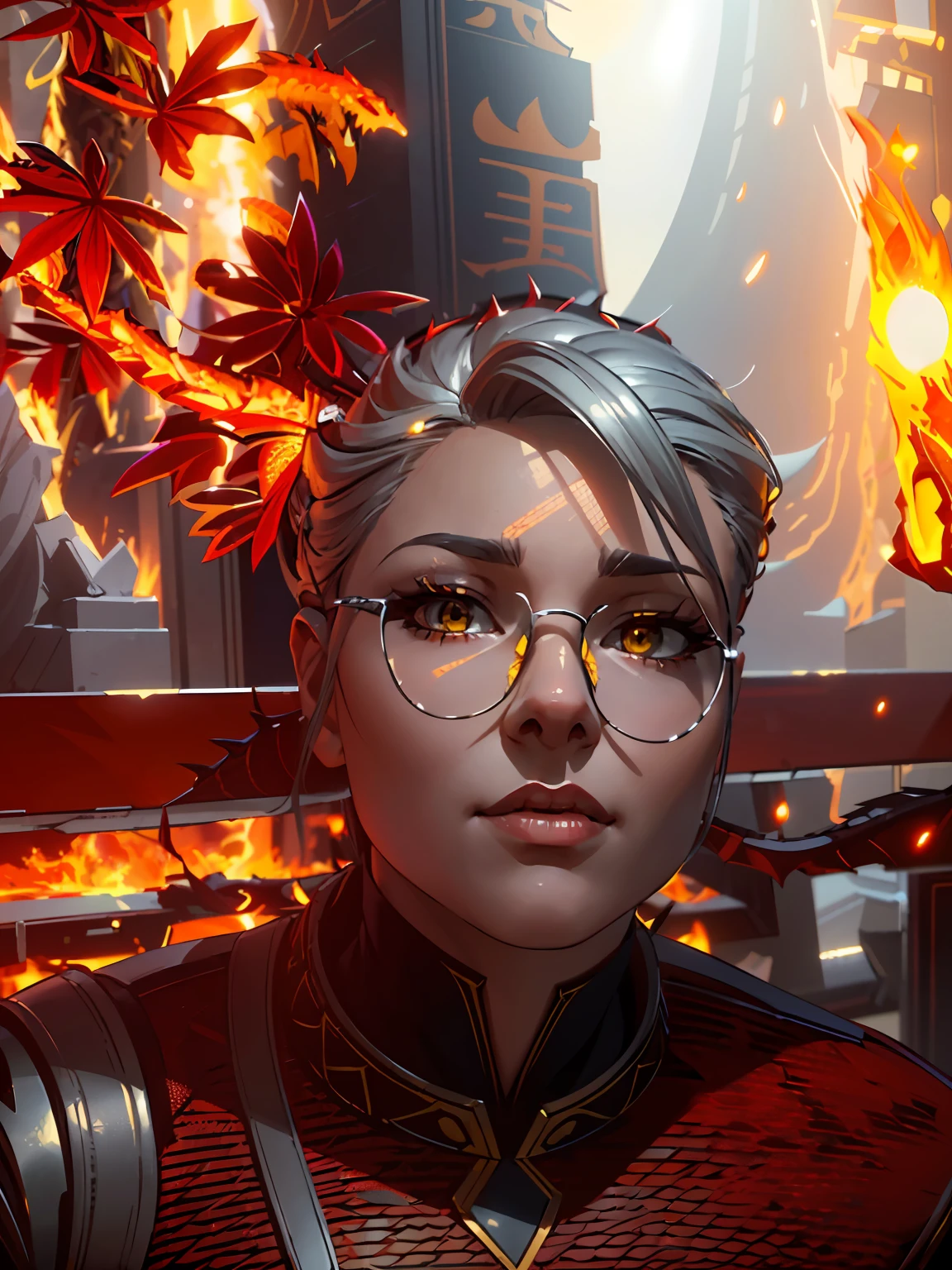 (masterpiece), (high quality), woman in her 20s, (perfect face), defined jawline, beautiful smile, (beautiful bright yellow eyes), (red detailed dragon scales on skin:1.2), (red scaly dragon armor:1.2), (sexy), (long flowing silver hair), 2 symmetrical short sharp gazelle horns on forehead, (perfect hands), blazing flames emitting form hands, (dark flaming background), (medium shot photograph), (looking at viewer), (trending on ArtStation, trending on CGSociety), (by Artgerm), (by Beln Ortega), (by Dan Mora), (by Terry Dodson), octane render, unreal engine, modelshoot style, realistic