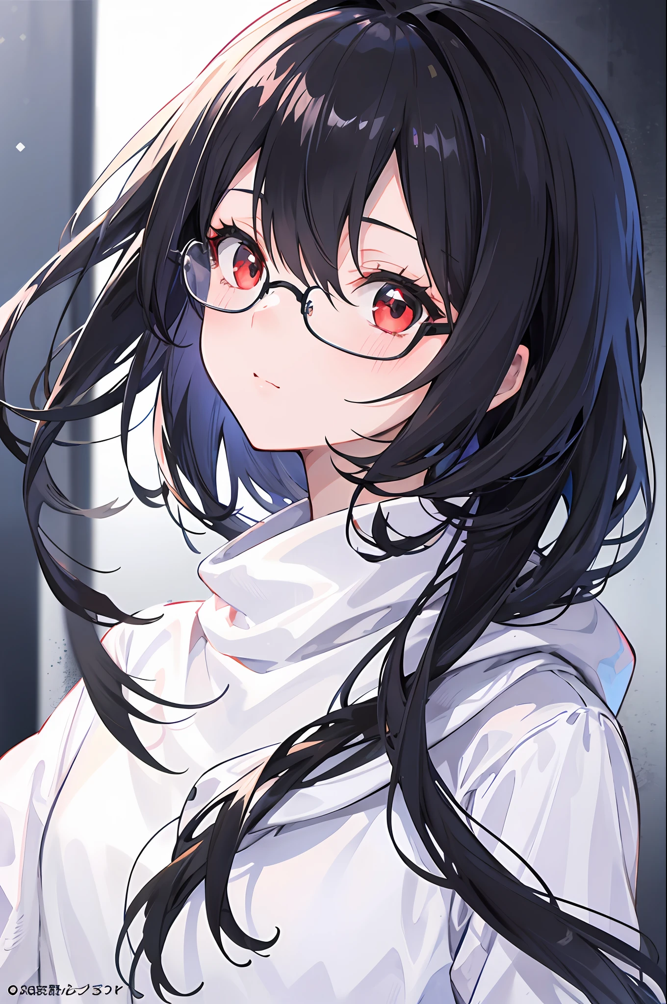 1girl, Young adult, white sweater, short black, long slightly wavy black hair, black glasses, red eyes, masterpiece, official art, profile picture, close up on her face, bold face, cut off on her torso, half body picture, Kyoto animation style, sharp focus on her face, character avatar in game profile, slightly simplified, facing on the viewer