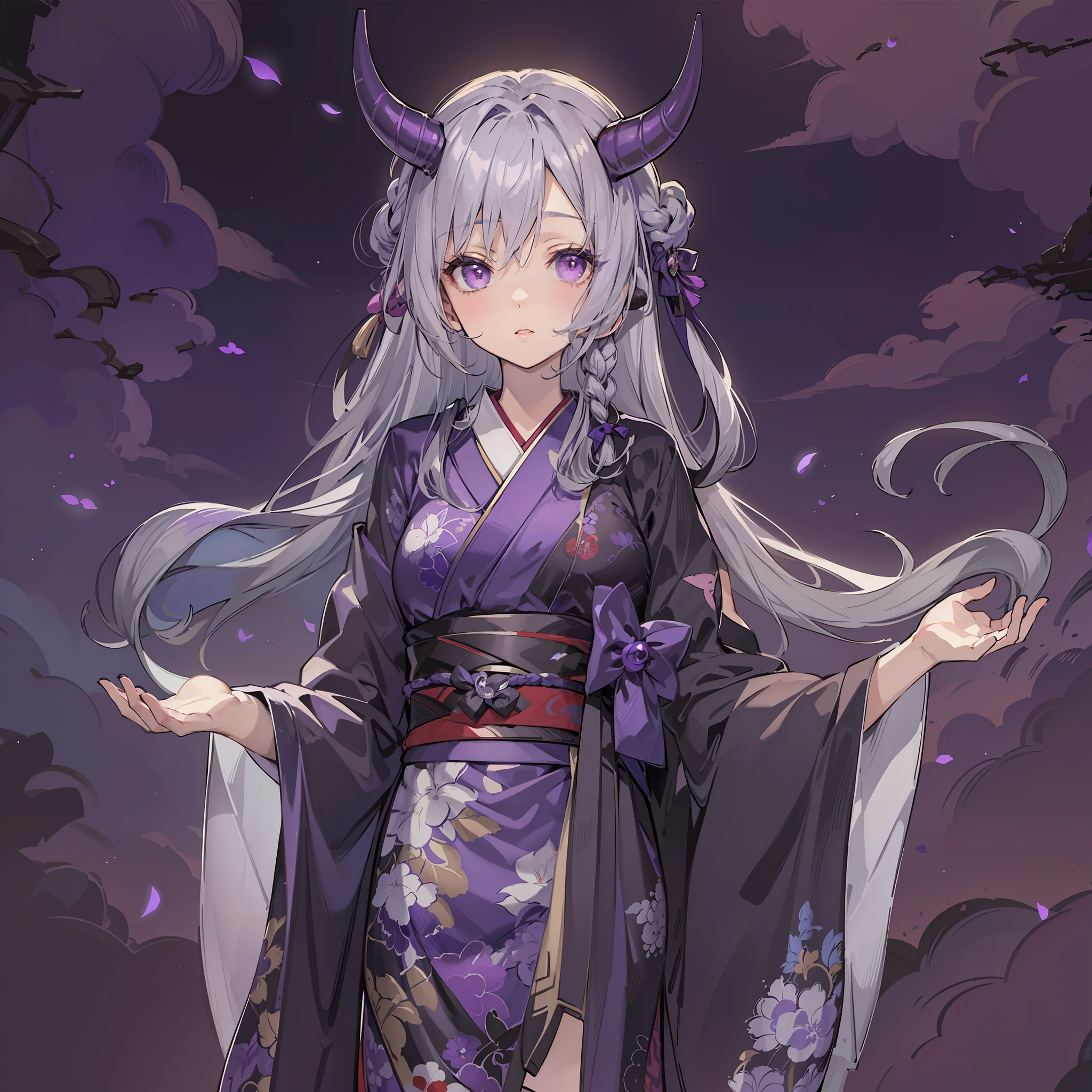 (masterpiece, best quality:1.2), (1girl, solo), 20years old, full body, kimono, (gray hair, twin braid), (purple demon horns, purple eyes), normal ears, collapsed old Japanese castle, look up to night sky, full moon