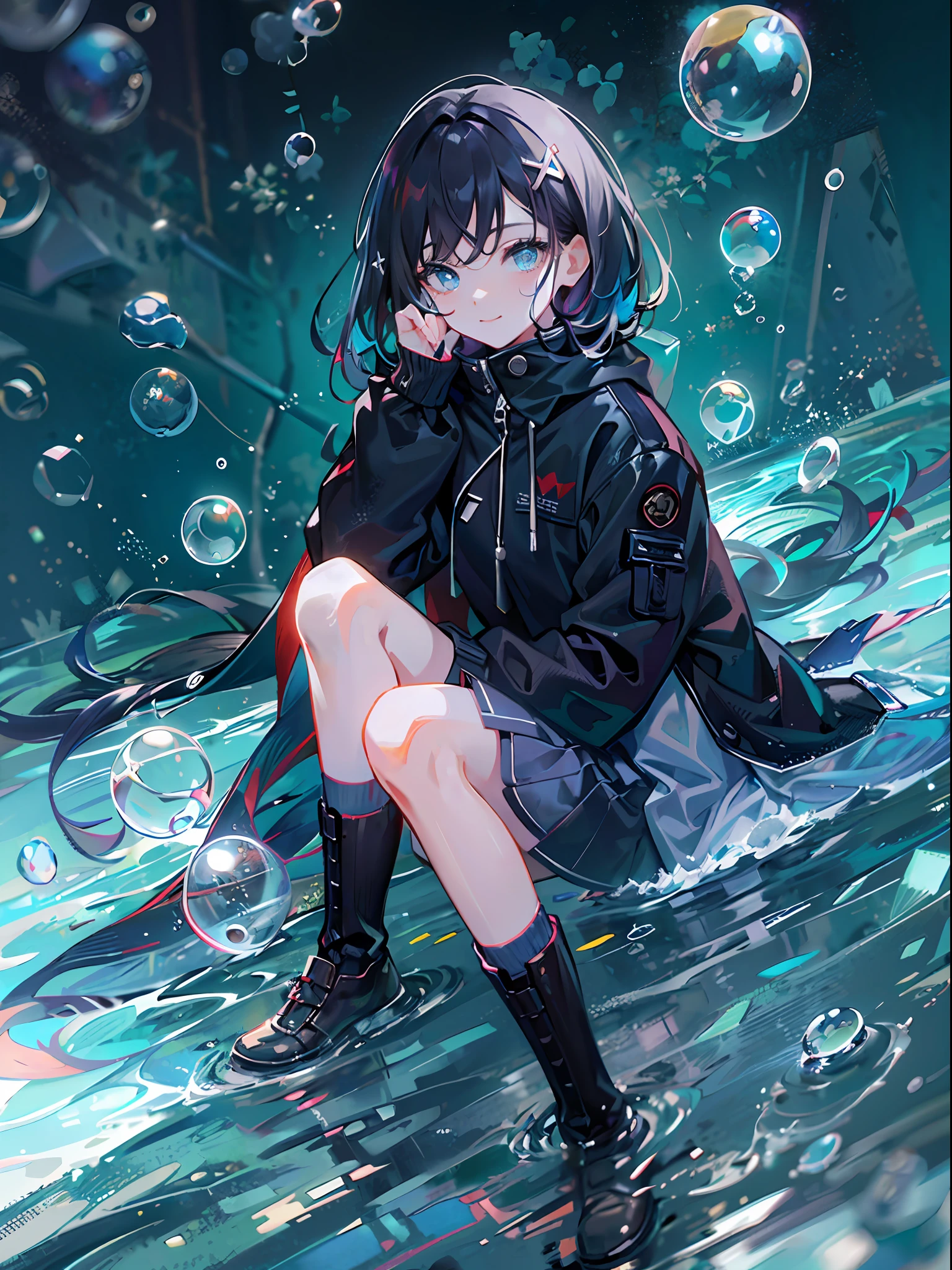 ((top-quality)), ((masterpiece)), ((ultra-detailliert)), (extremely delicate and beautiful), girl with, 独奏, cold attitude,((Black jacket)),She is very(relax)with the(Settled down)Looks,A dark-haired, depth of fields,evil smile,Bubble, under the water, Air bubble,bright light blue eyes,Inner color with black hair and light blue tips,Cold background,Bob Hair - Linear Art, a miniskirt、knee high socks