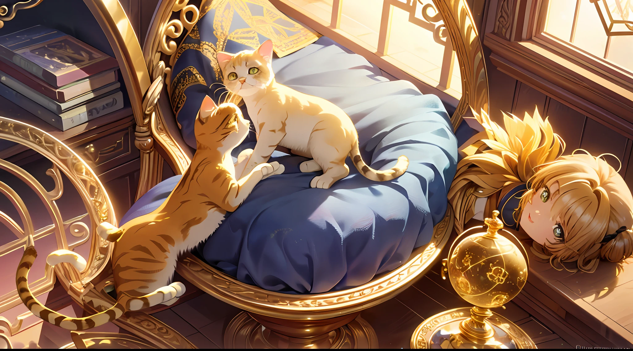 Realistic, (Masterpiece, Superior quality, Best quality, offcial art, Beautiful and aesthetic: 1.2), Very detailed, Fractal art, Colorful, More detailed, (abstract backgrounds: 1.5) (1girll: 1.3), (Cat Class), Yellow hair, Bright eyes, Serious, hairstyle back, Short hair, , Milky Way, huge magic gold Leo Astrolabe, Dream, fantasy, golden trim, Beautiful detailed sky, style and decoration for Leo, goddess leo, (NSFW:0.8)
delicate refectory and high glass guardrail