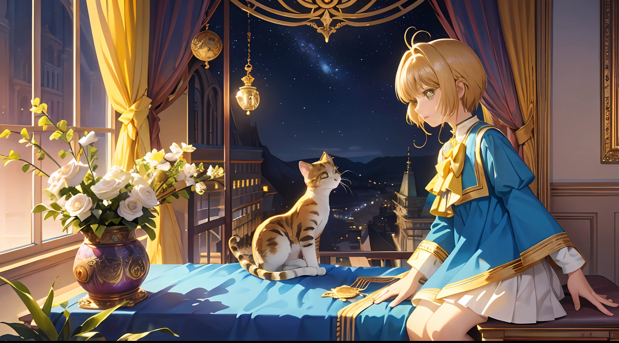 Realistic, (Masterpiece, Superior quality, Best quality, offcial art, Beautiful and aesthetic: 1.2), Very detailed, Fractal art, Colorful, More detailed, (abstract backgrounds: 1.5) (1girll: 1.3), (Cat Class), Yellow hair, Bright eyes, Serious, hairstyle back, Short hair, , Milky Way, huge magic gold Leo Astrolabe, Dream, fantasy, golden trim, Beautiful detailed sky, style and decoration for Leo,  goddess leo, (NSFW:0.8)
delicate refectory and high glass guardrail