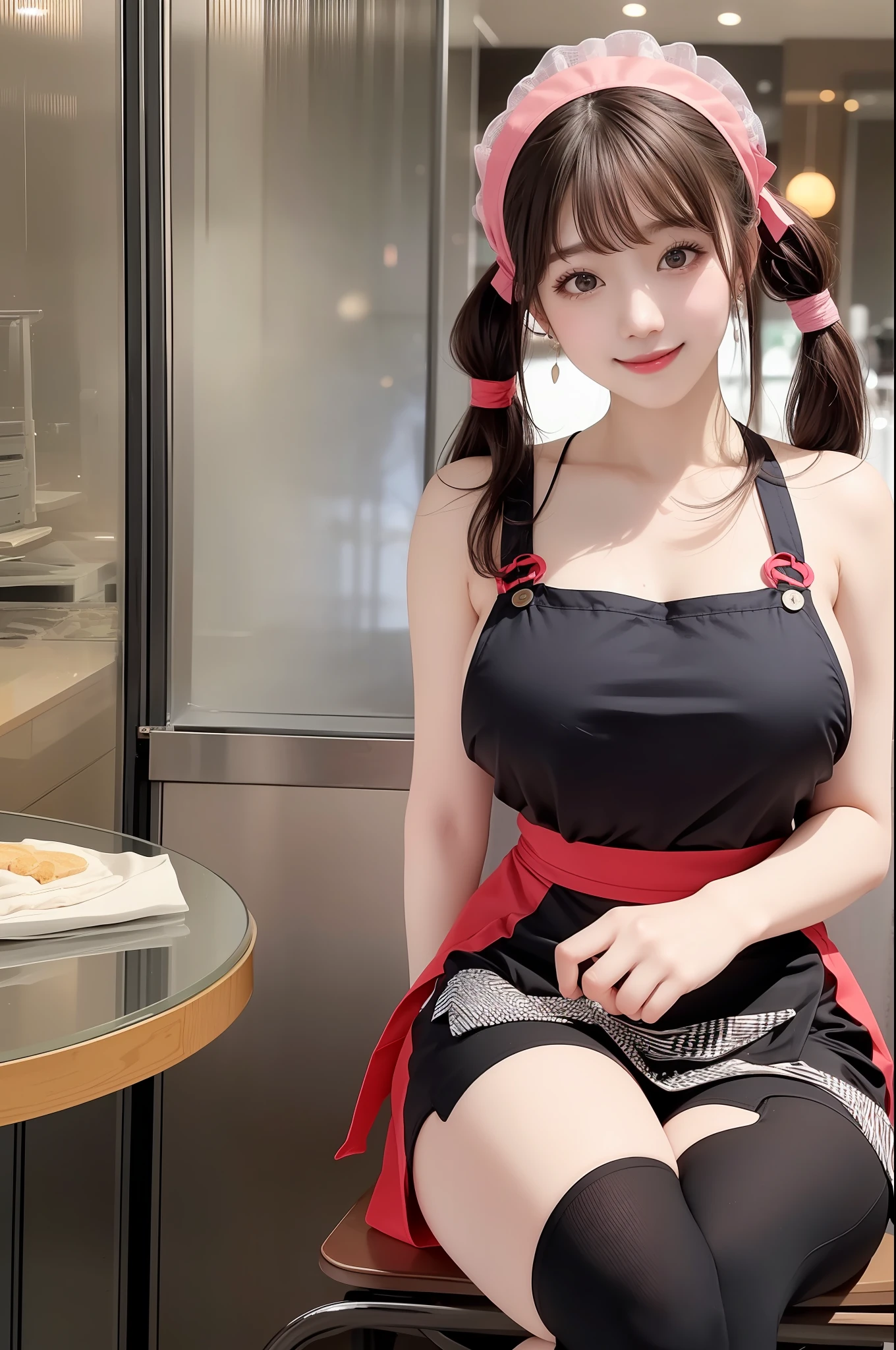 ((22 y.o girl in a apron)), (kpop idol), sitting on chair, dynamic pose, pale skin, (((natural breasts, big breasts))), (aegyo sal:1.1), (narrow waist), long((low twintails)), brown-hair, ((puffy eyes)), looking away, smiling, sexy, naked, bangs, cafe, indoors, public, (Bokeh), ultra-detailed, best quality, ultra high res, (NSFW:1.1),