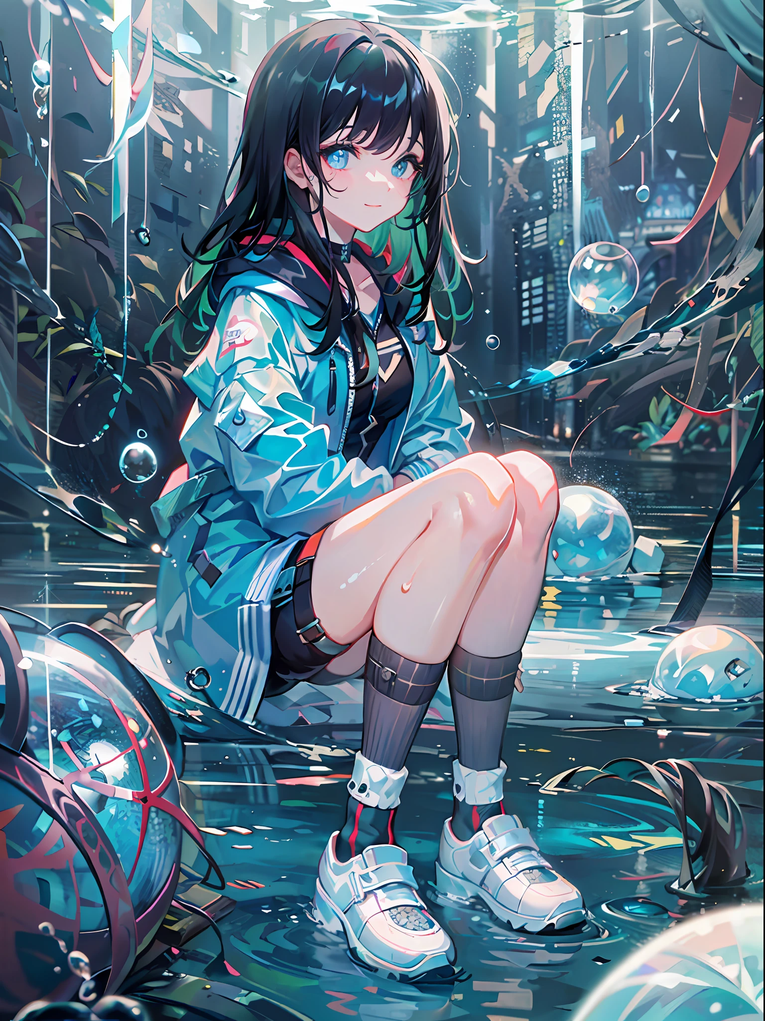 ((top-quality)), ((​masterpiece)), ((ultra-detailliert)), (extremely delicate and beautiful), girl with, 独奏, cold attitude,((Black jacket)),She is very(relax)with  the(Settled down)Looks,A dark-haired, depth of fields,evil smile,Bubble, under the water, Air bubble,bright light blue eyes,Inner color with black hair and light blue tips,Cold background,Bob Hair - Linear Art, a miniskirt、knee high socks