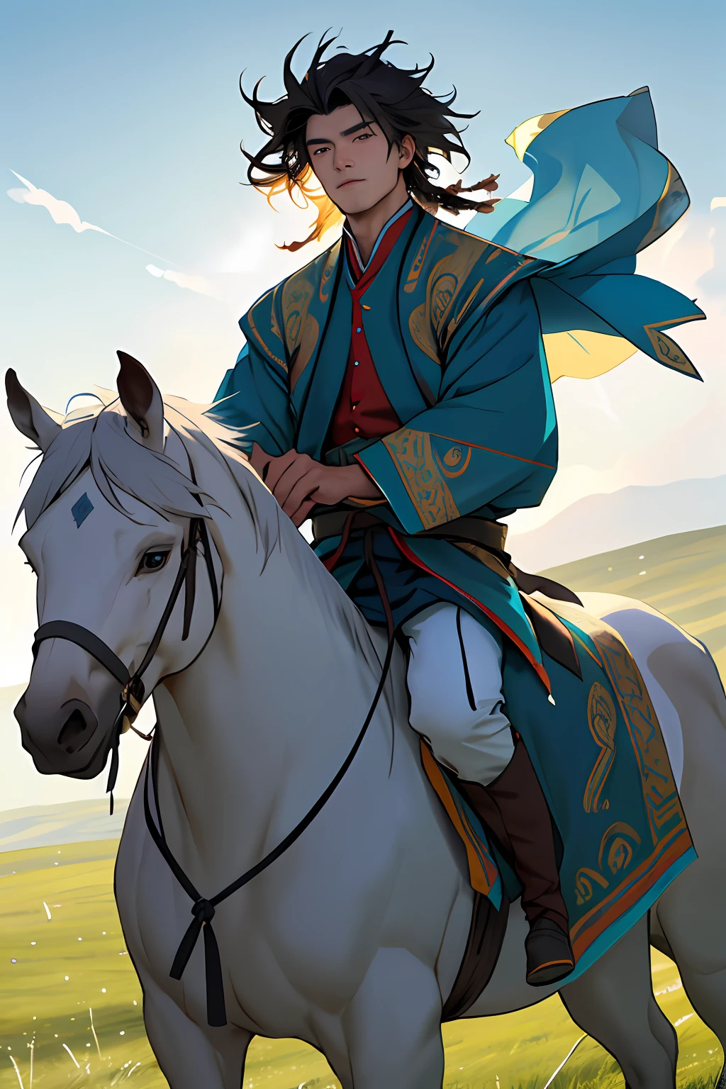 Tall and mighty man,grass field,depth of fields,steed,Mongolian male,Tibetan clothing,high high quality,tmasterpiece,A masterpiece,Delicate portrayal of facial features,Delicate hair portrayal,Delicate eye portrayal,Messy hair,4k画质,Gorgeous Light and Shadows,dingdall effect,Mongolian costumes,steed