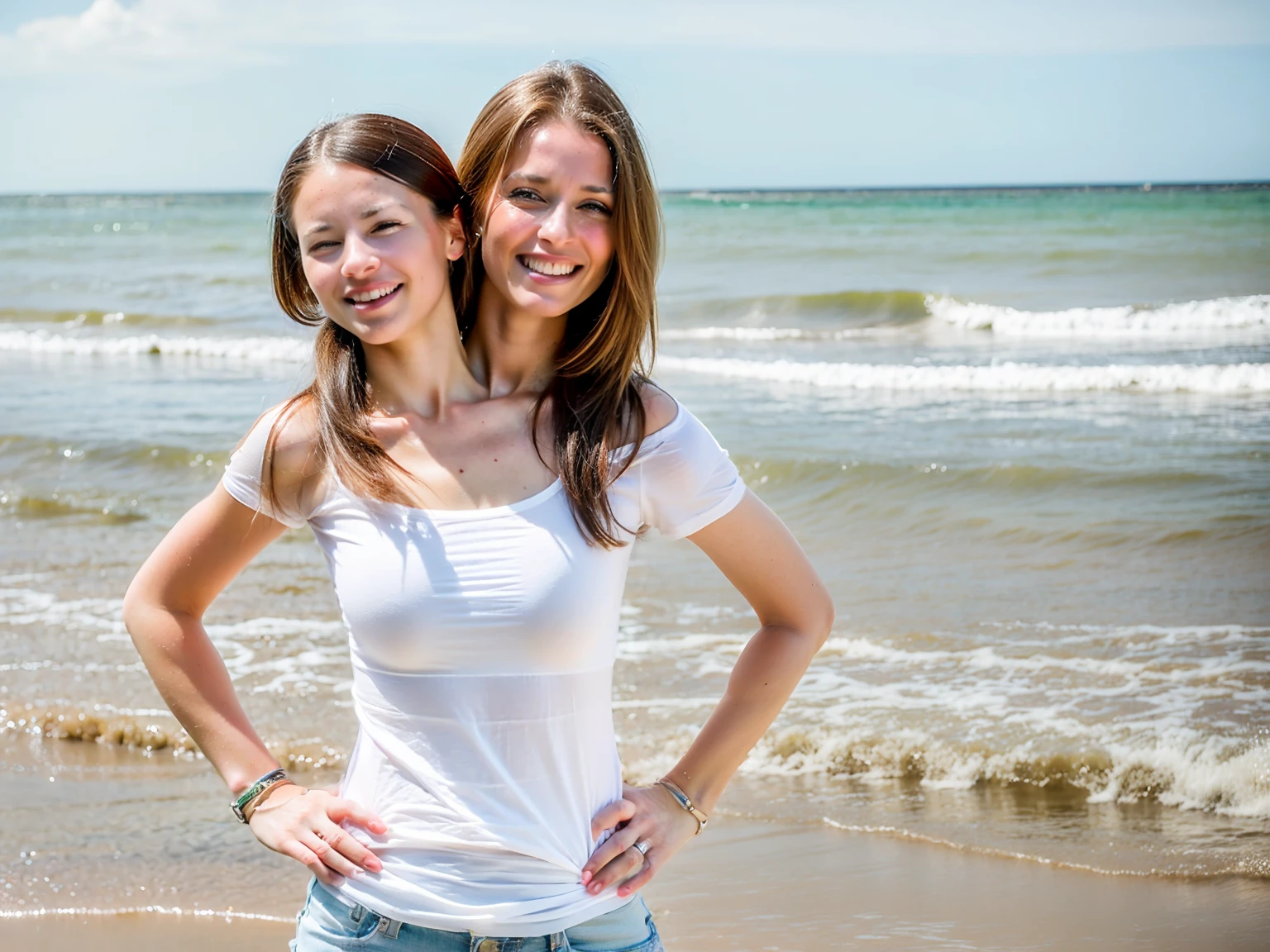 2heads, two headed girl, mom and daughter, (different ages:1.5), (one torso:1.5), (female:1.5), (caucasian:1.5), (two heads attached to one body:1.4), conjoined twins, heads side by side, one torso, young, uncomfortable, barefoot