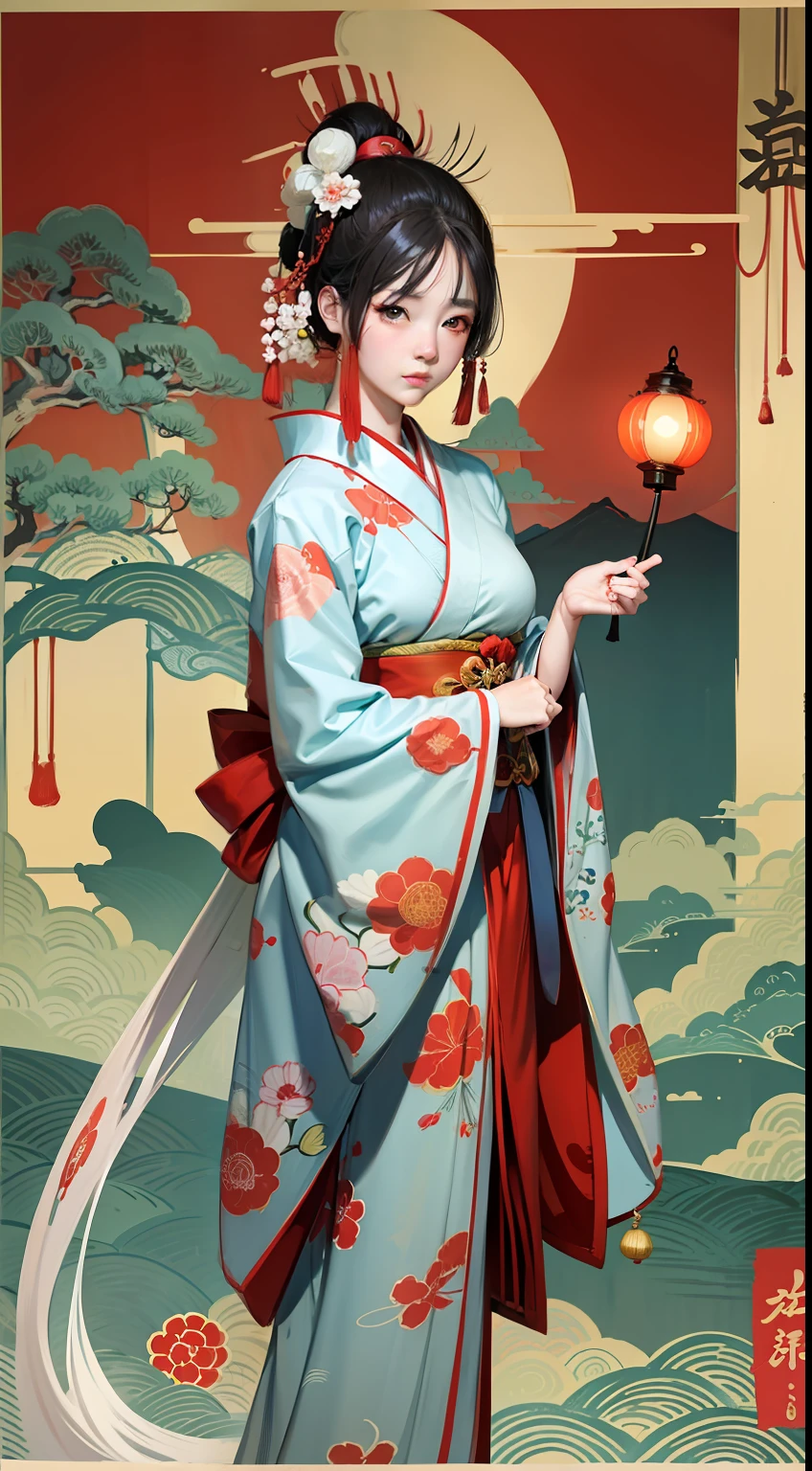 ukiyoe painting、A logo、Bright red sun circle、Beautiful female ghost、Kimono、Baiqing、8K、super-fine、Japan sunny
