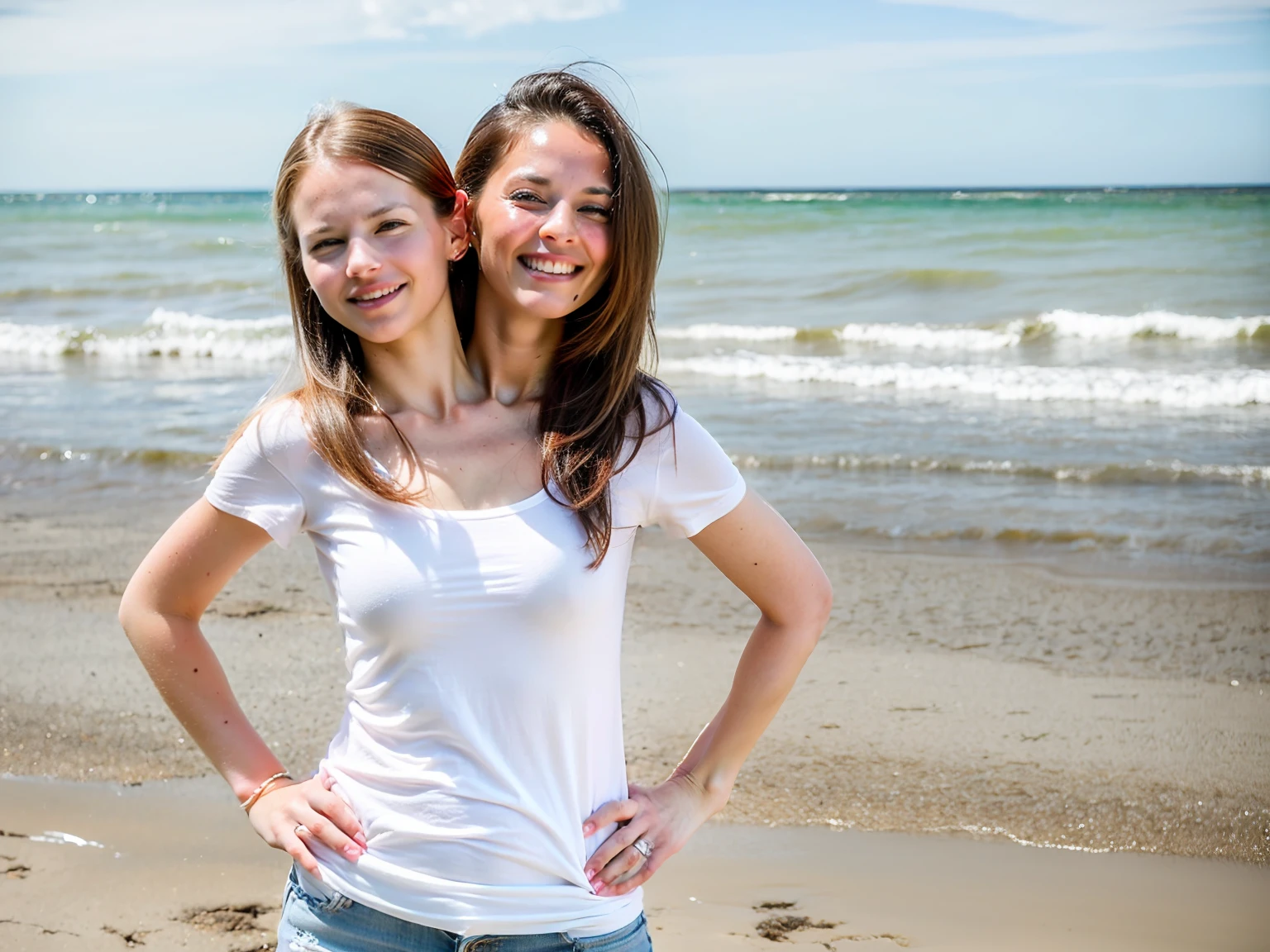 2heads, two headed girl, mom and daughter, (different ages:1.5), (one torso:1.5), (female:1.5), (caucasian:1.5), (two heads attached to one body:1.4), conjoined twins, heads side by side, one torso, young, uncomfortable, barefoot