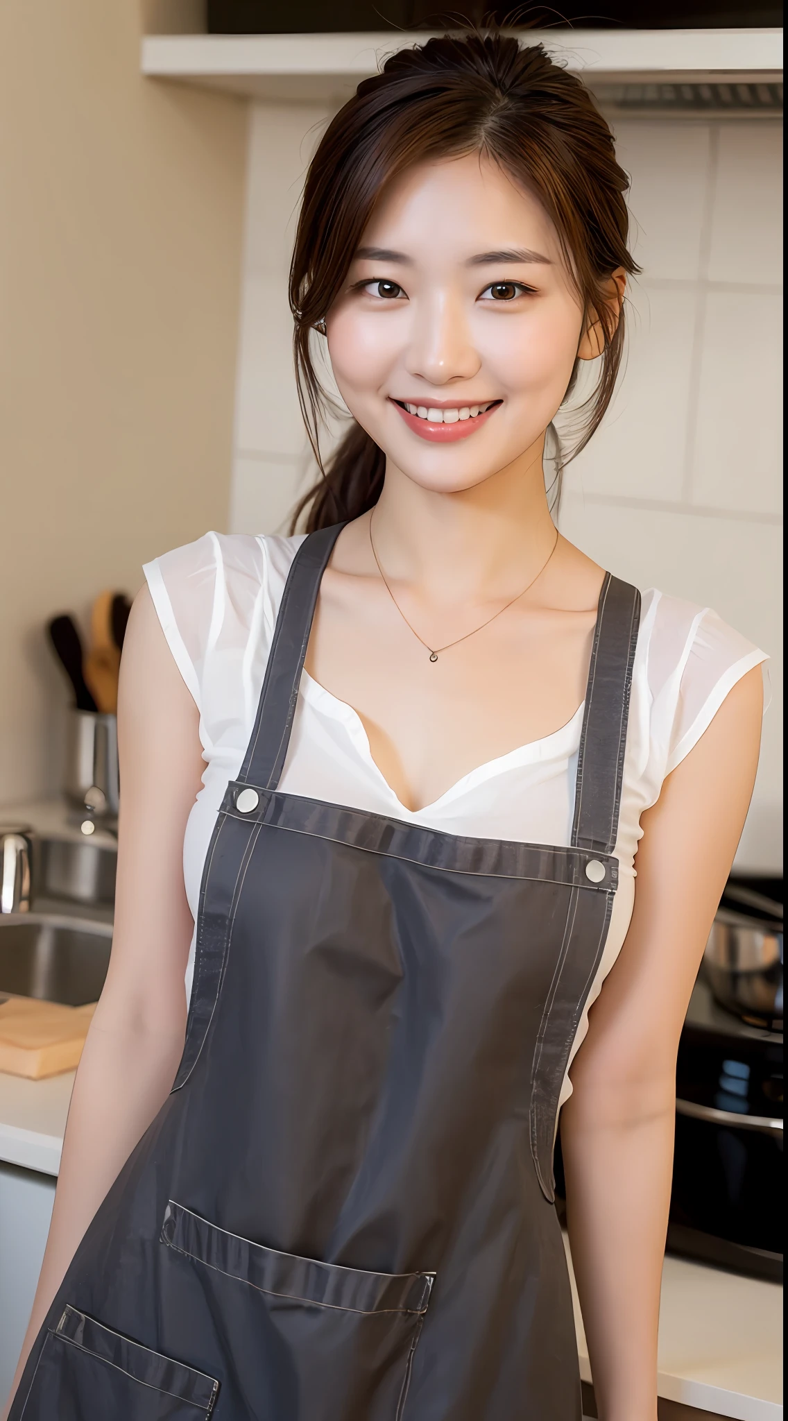 (Best quality, 8k, masterpiece: 1.3), a beautiful woman with perfect figure: 1.4, dark brown hair, wearing a pendant, wearing an apron, in the kitchen, highly detailed face and skin, detailed eyes, double eyelids, big breasts, smile