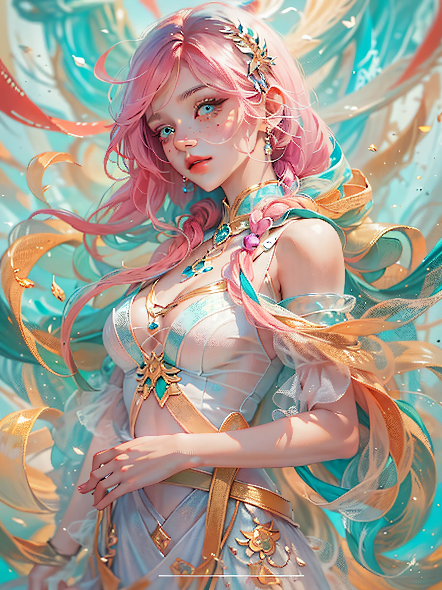 ((ultra detailed)),((Bright eyes)), (Detailed eyes) , 8k, blink blink, (The Little Faux Freckles Makeupgirl), ((realistic skin)), ((focus detailed 2 straps on the shoulders of dress)) , ((shiny facial skin)), with colorful hair and a colorful dress, rossdraws pastel vibrant, rossdraws cartoon vibrant, style anime 8k, beautiful portrait, artgerm colorful!!!, ! dream artgerm, beautiful anime girl, styled digital art, art wallpaper 8k, digital art, extremely detailed artgerm,