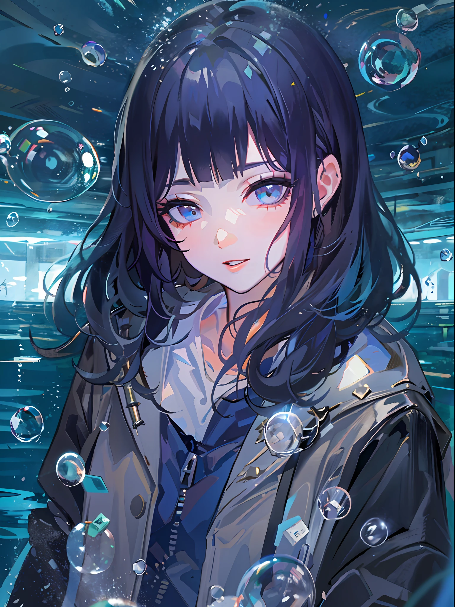 ((top-quality)), ((masterpiece)), ((ultra-detailliert)), (extremely delicate and beautiful), girl with, 独奏, cold attitude,((Black jacket)),She is very(relax)with the(Settled down)Looks,A dark-haired, depth of fields,evil smile,Bubble, under the water, Air bubble,bright light blue eyes,Inner color with black hair and light blue tips,Cold background,Bob Hair - Linear Art, shortpants、knee high socks