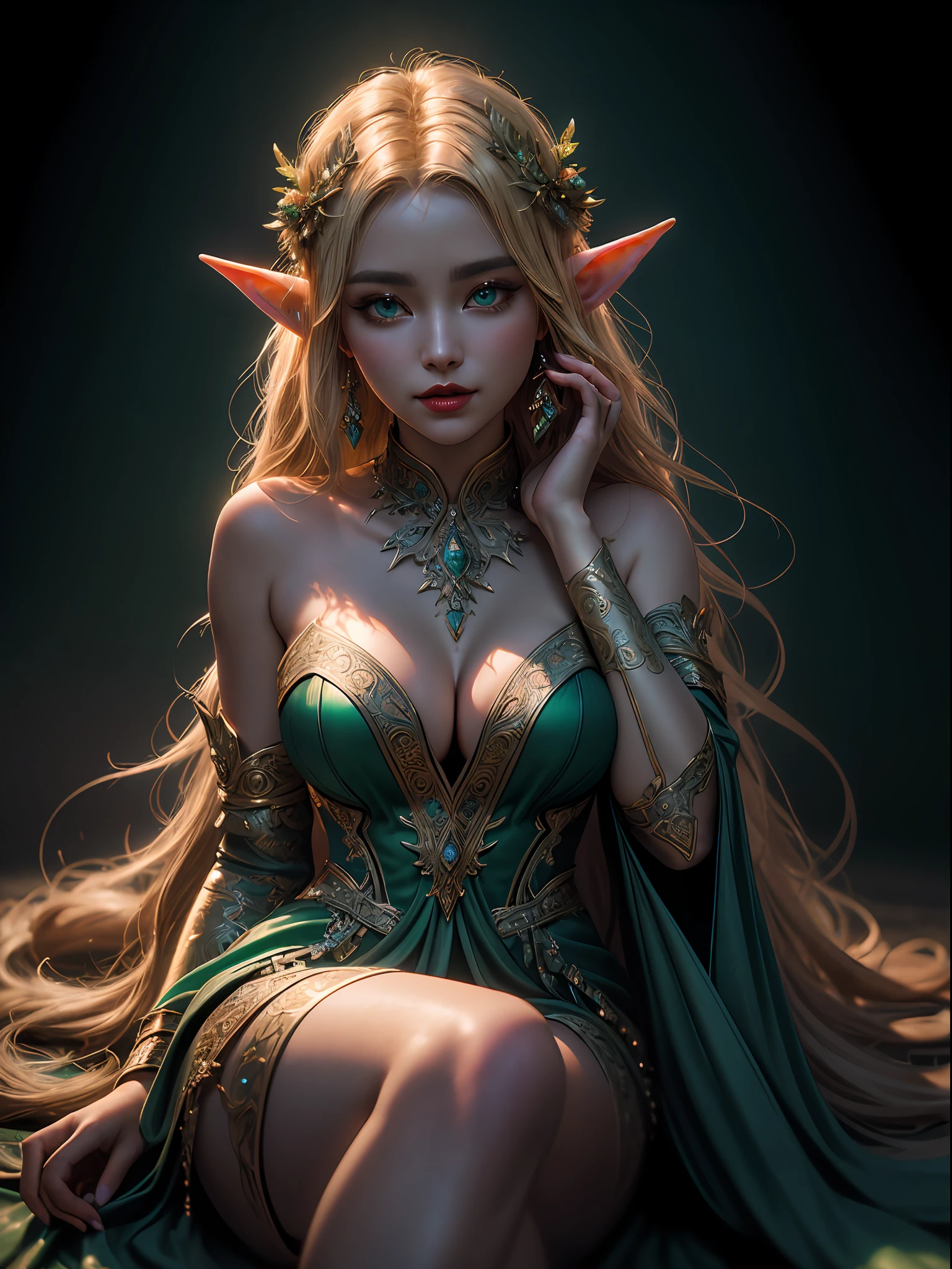 (masterpiece, high resolution:1.3), (editorial portrait:1.2), (studio photography:1.1), (black background:1.1), (blonde elf hair, intricately styled:1.2), (flowing locks with ethereal highlights:1.1), (bright emerald green eyes, sparkling with enchantment:1.2), (thick and expressive eyebrows, framing her eyes:1.1), (plump and luscious red lips, inviting and vibrant:1.2), (delicate and refined facial features, exuding elegance:1.1), (captivating smile, radiating warmth and allure:1.1), (elfin essence, otherworldly and mesmerizing:1.1), (confident and poised posture, accentuating her grace:1.1), (elven character, embodying ancient wisdom and mystery:1.2), (soft and alluring gaze, drawing you into her world:1.1), (enchanting charm, bewitching all who behold her:1.1), (exquisite dress, intricately designed with elven motifs:1.2), (low-cut neckline, revealing a glimpse of her mesmerizing charm:1.1), (subtle play of light and shadows, enhancing her allure:1.2), (sublime details, capturing the essence of her enchanting beauty:1.1), Cinematic, Hyper-detailed, insane details, Beautifully color graded, Unreal Engine, DOF, Super-Resolution, Megapixel, Cinematic Lightning, Anti-Aliasing, FKAA, TXAA, RTX, SSAO, Post Processing, Post Production, Tone Mapping, CGI, VFX, SFX, Insanely detailed and intricate, Hyper maximalist, Hyper realistic, Volumetric, Photorealistic, ultra photoreal, ultra-detailed, intricate details, 8K, Super detailed, Full color, Volumetric lightning, HDR, Realistic, Unreal Engine, 16K, Sharp focus, Octane render, Captured using the Canon EOS R6 camera paired with the Canon RF 85mm f/1.2 L USM lens.