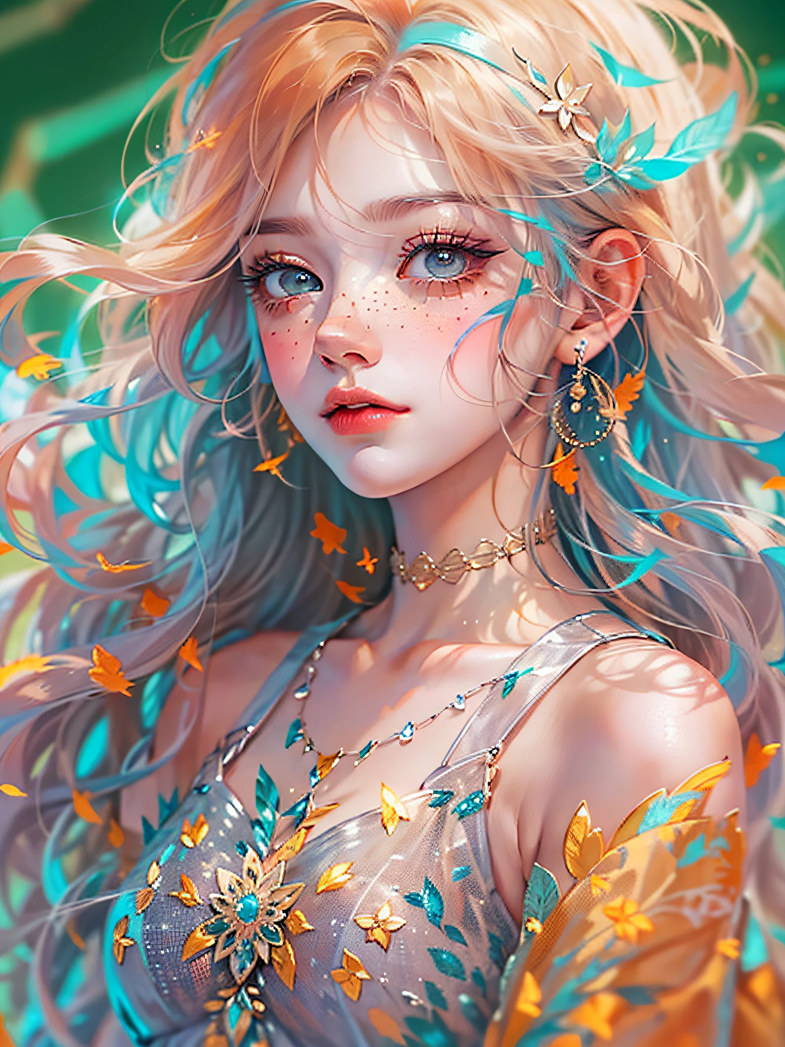 ((ultra detailed)),((Bright eyes)), (Detailed eyes) , 8k, blink blink, (The Little Faux Freckles Makeupgirl), ((realistic skin)), ((focus detailed 2 straps on the shoulders of dress)) , ((shiny facial skin)), with colorful hair and a colorful dress, rossdraws pastel vibrant, rossdraws cartoon vibrant, style anime 8k, beautiful portrait, artgerm colorful!!!, ! dream artgerm, beautiful anime girl, styled digital art, art wallpaper 8k, digital art, extremely detailed artgerm,