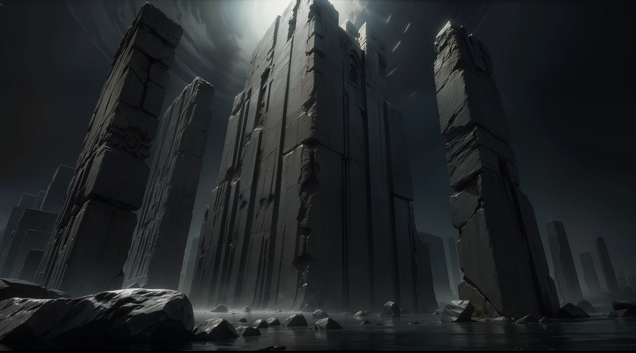 up-close，Dystopian cityscape，Zdzisław Beksiński style，Pluto surface，dark fog，Huge black stone pillars，Runes on stone pillars，crack，Elevation perspective，low angles，Low camera，45 degree angle，wide angles，A high resolution，ultra - detailed，textures true to reality，Bold textures，Crazy textures,Ultra-wide angle, From below