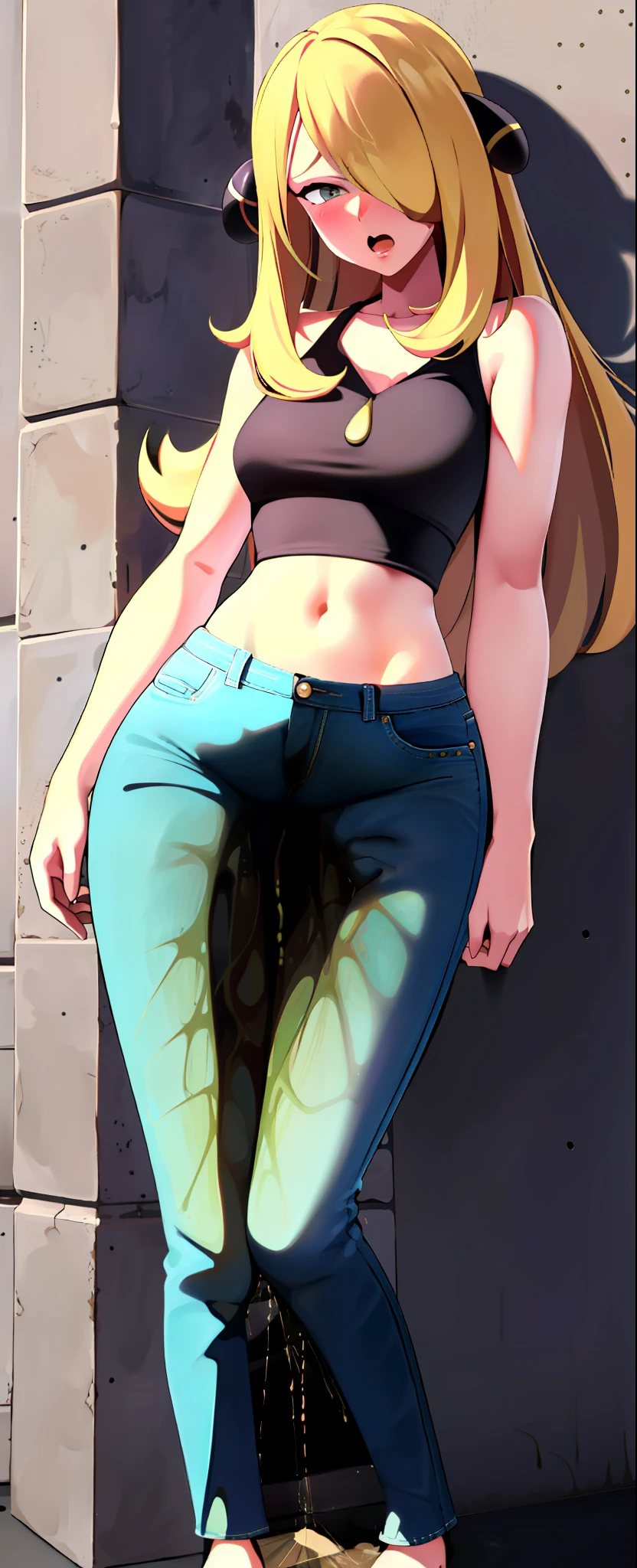 (masterpiece,best quality,high resolution), 1girl, solo, (((jeans pants))), ((full body)), crop top, naval, midriff, blush, worried, open mouth, outside, ((((((big pee stain)))))), cynthia \(pokemon\), hair over one eye, hair ornament