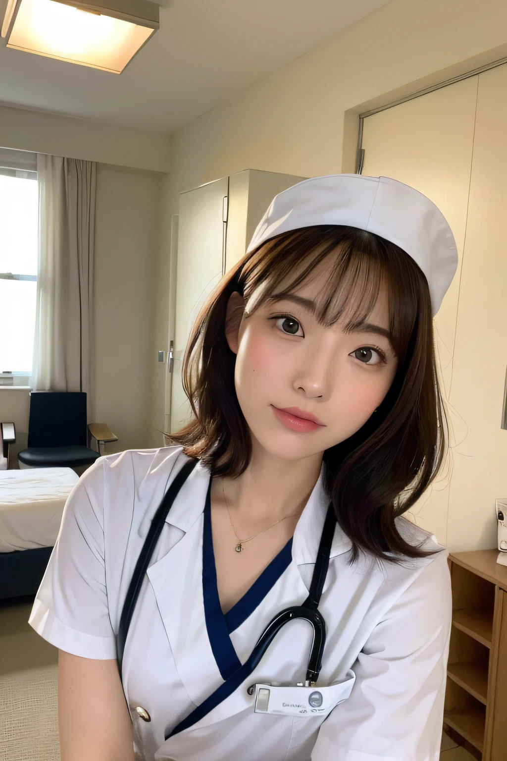 (top-quality、8K、32K、masterpiece、nffsw:1.2)、Photo of a cute Japanese woman、女の子 1 人、(Medium short dark brown hair)、(small tits)、二重まぶた、White nurse uniform、Small white nurse cap 、White shirt、open-shirt、hospitals、Hospital Room、The upper part of the body、