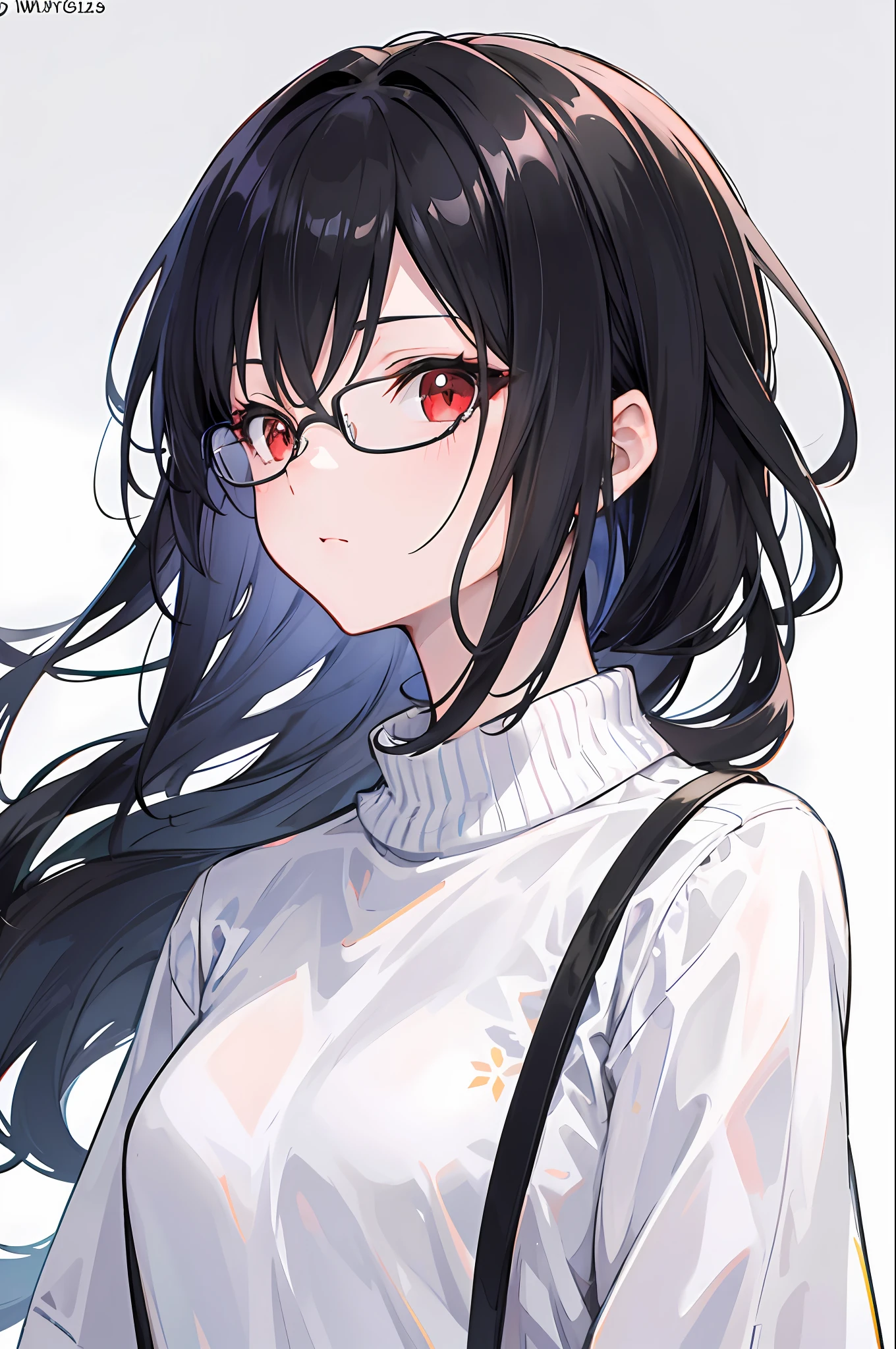 1girl, Young adult, white sweater, short black, long slightly wavy black hair, black glasses, red eyes, masterpiece, official art, profile picture, close up on her face, bold face, cut off on her torso, half body picture, Kyoto animation style, sharp focus on her face, character avatar in game profile, slightly simplified, facing on the viewer