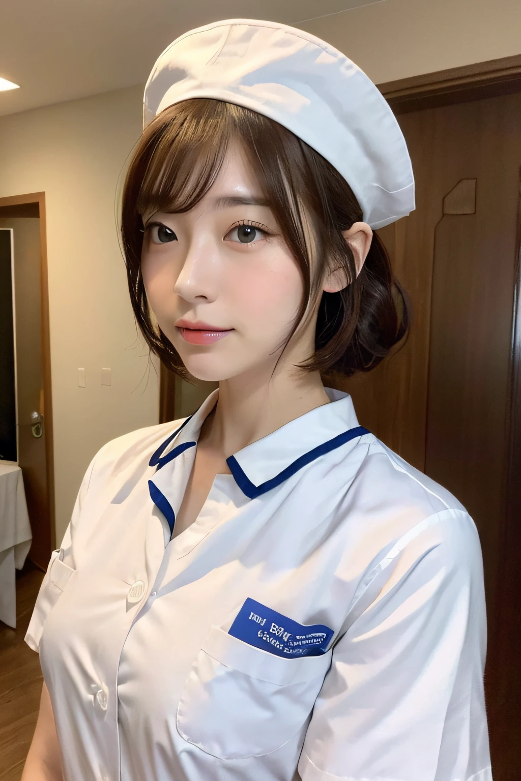(top-quality、8K、32K、masterpiece、nffsw:1.2)、Photo of a cute Japanese woman、 1 人、(Medium short dark brown hair)、(small tits)、二重まぶた、White nurse uniform、Small white nurse cap 、White shirt、open-shirt、hospitals、Hospital Room、The upper part of the body、