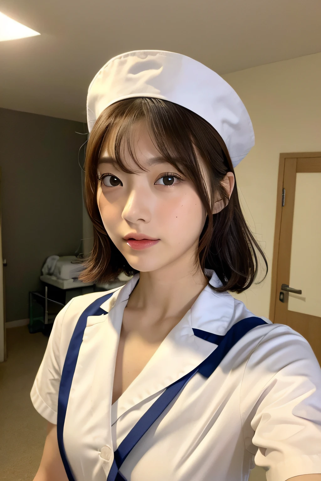 (top-quality、8K、32K、masterpiece、nffsw:1.2)、Photo of a cute Japanese woman、女の子 1 人、(Medium short dark brown hair)、(small tits)、二重まぶた、White nurse uniform、Small white nurse cap 、White shirt、open-shirt、hospitals、Hospital Room、The upper part of the body、