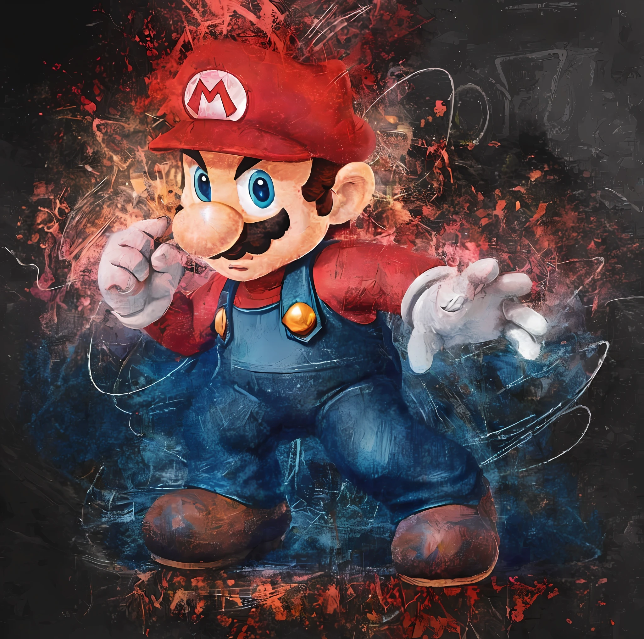 A closeup of a Nintendo character with a red hat and blue pants, Retrato de Super Mario, Retrato de Mario, inspirado em Mario Dubsky, Super Mario Retrato, inspirado em Mario Cooper, fan artwork of mario, inspirado em Mario Comensoli, inspirado em Mario Bardi, mario dabbing, Mario, super mario, arte do jogo nintendo, Tema Mario (melhor qualidade), qualidade alta, bem detalhado, bem desenhado