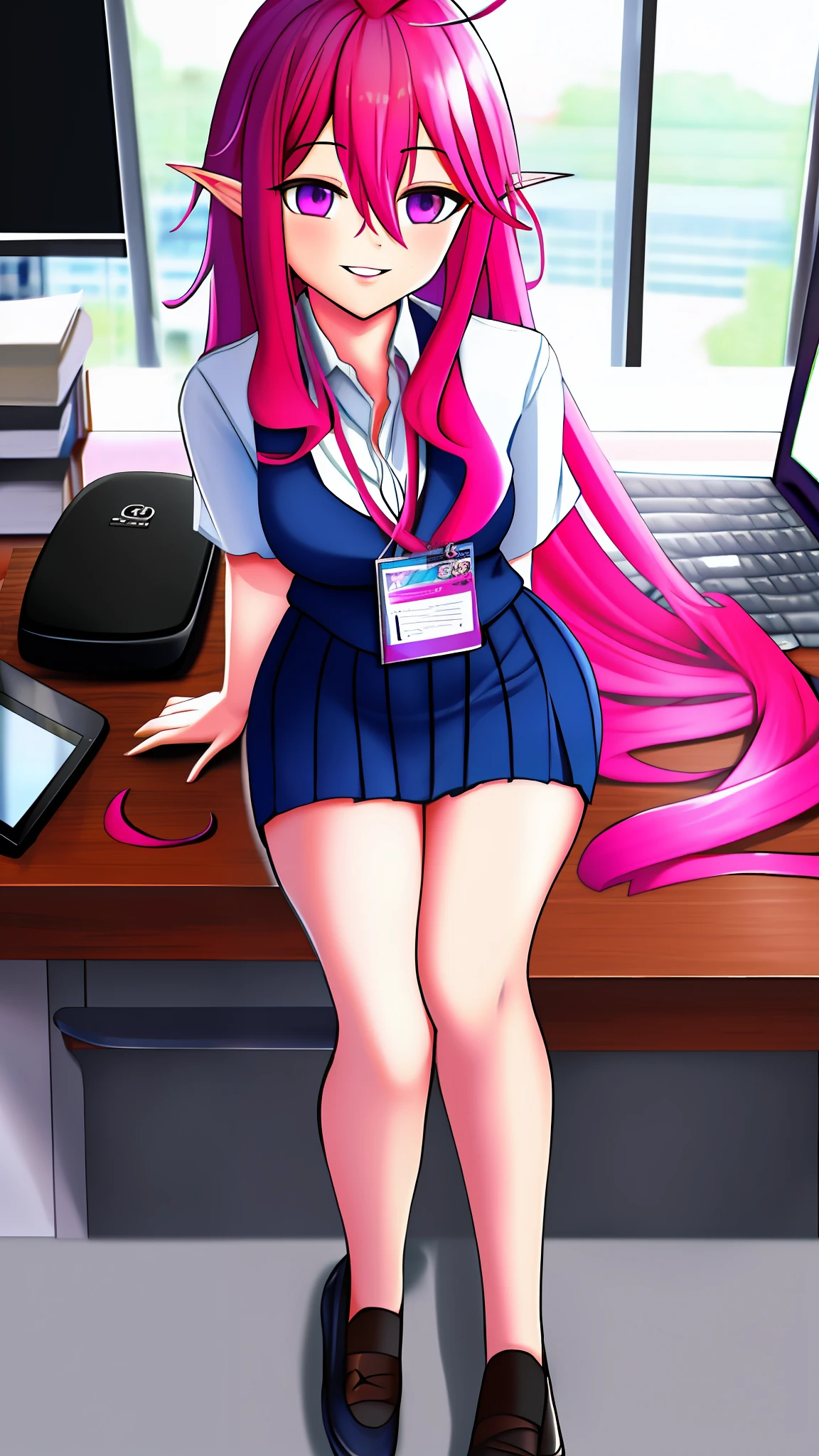 Masterpiece, highres, best quality, Keera, 1girl, pink hair, hair spread out, hair between eyes, very long hair, parted lips, pointy ear, purple eyes, ahoge, smile, looking at viewer, white shirt, office uniform, pleated skirt, stocking, smile, sexy pose, hands behind back, sitting, office, table, computer, window, indoor, id card,