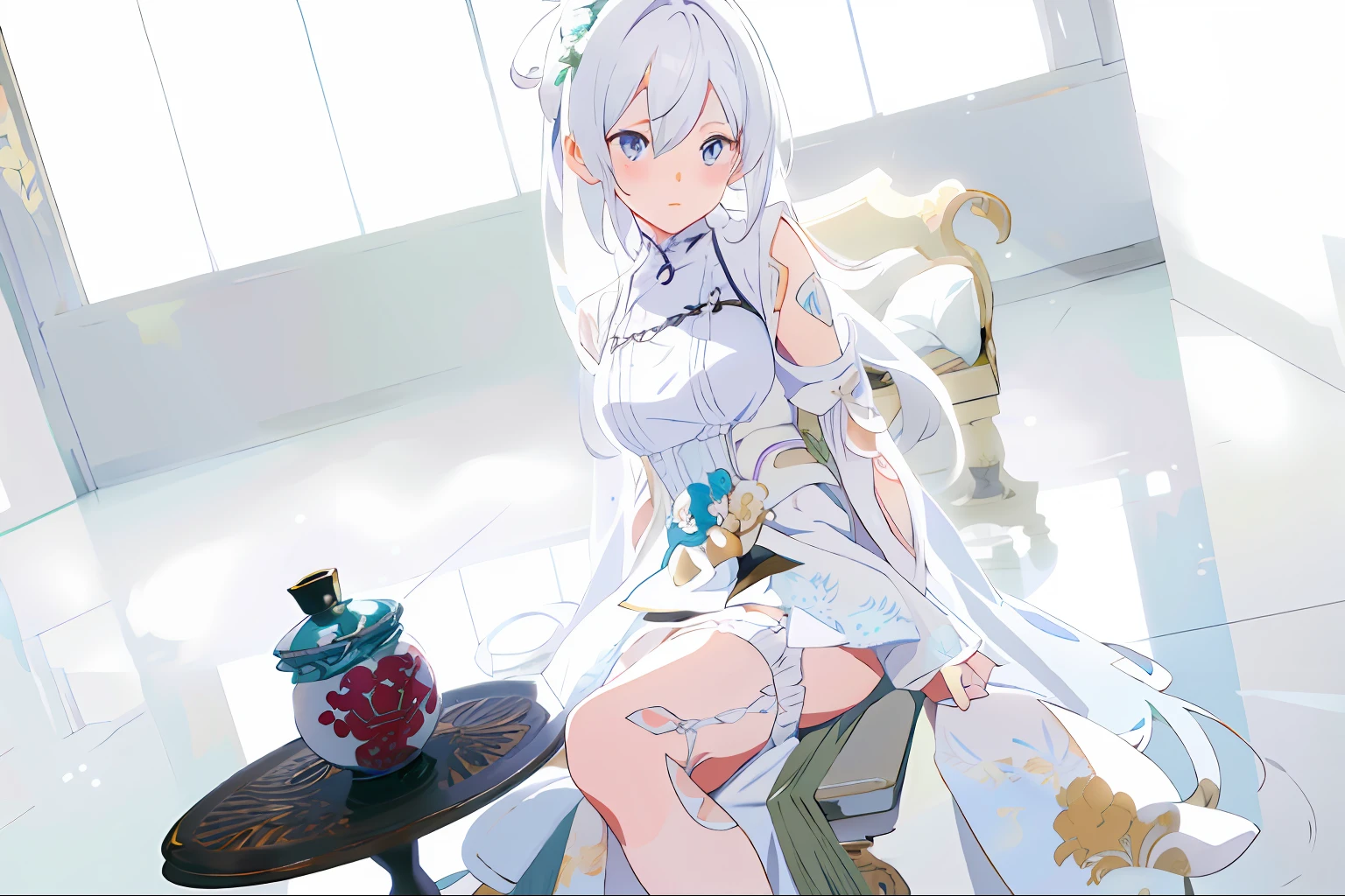 anime girl with white hair and white dress sitting on a tea table,indoor,window in background, digital art on pixiv, anime art wallpaper 8 k, a beautiful artwork illustration, beautiful anime artwork, beautiful anime art, digital anime art, guweiz on pixiv artstation, anime art wallpaper 4 k, artwork in the style of guweiz, anime art wallpaper 4k