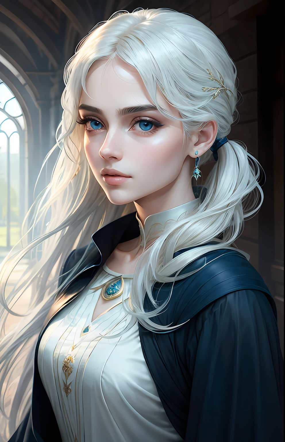 animesque、One person２０Beautiful woman of age、Moisturized eyes、ciri、a picture、Androgynous Hunnuman、oval jaw、Delicate features、beautiful countenance、The hair、long bangs、long pony tail、Blue eyes with beautiful shine、LDS Art