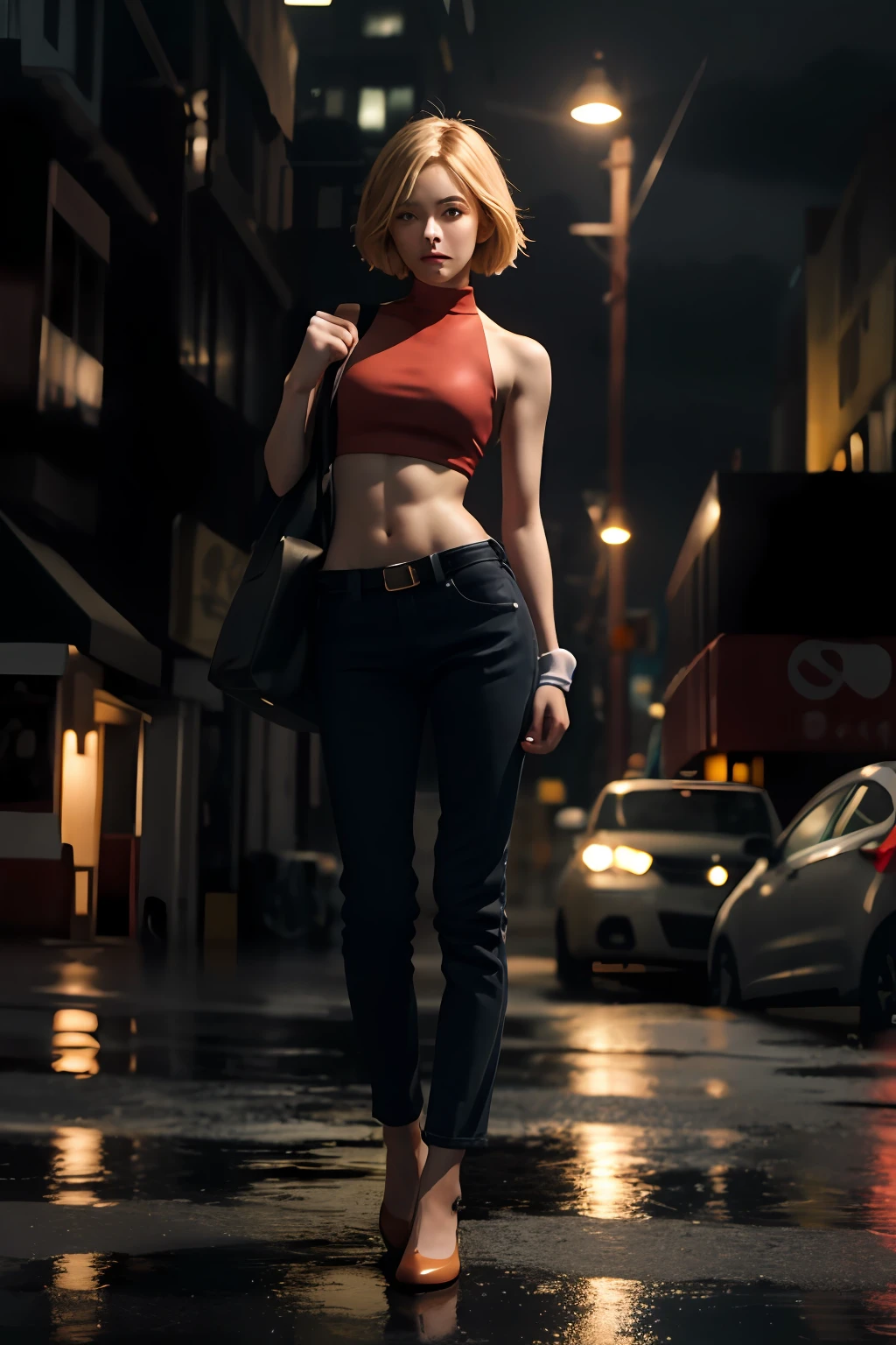 maryms, top quality, (beauty), masterpiece, 1 girl, physics rendering, super hi-res, slender, big eyes, long legs, (small), puffy eyes, night, (rainy city), glossy skin, orientation, standing posture, (make fists), firm look