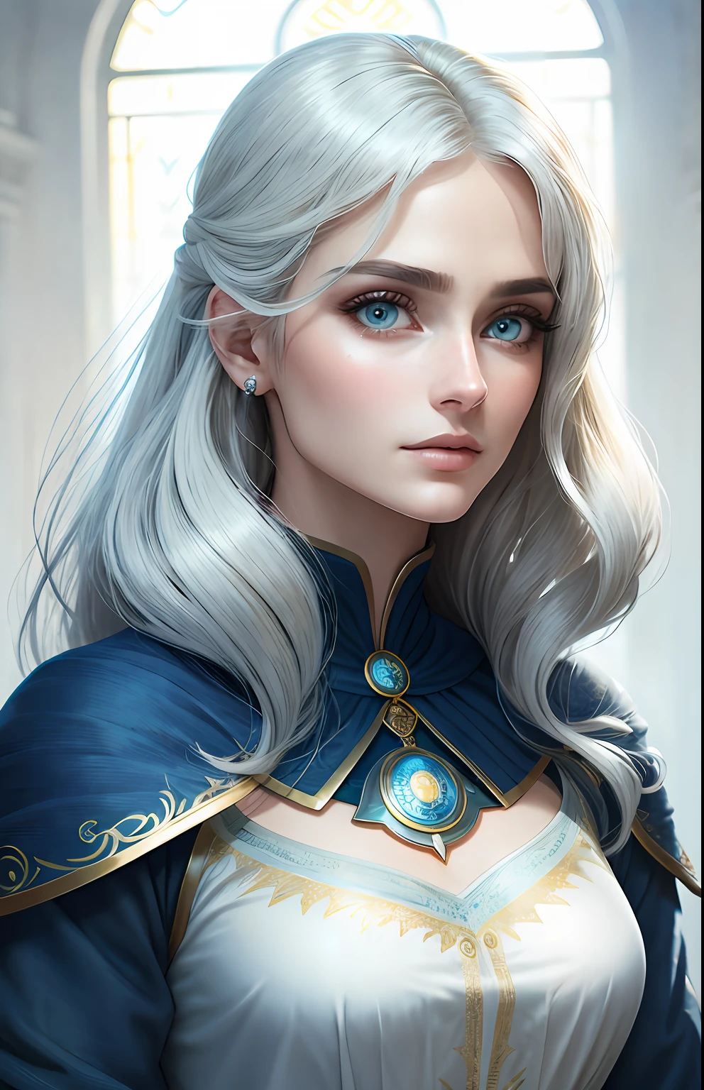 animesque、One person20Beautiful woman of age、Moisturized eyes、ciri、a picture、Androgynous Hunnuman、oval jaw、Delicate features、beautiful countenance、The hair、long bangs、long pony tail、Blue eyes with beautiful shine、LDS Art