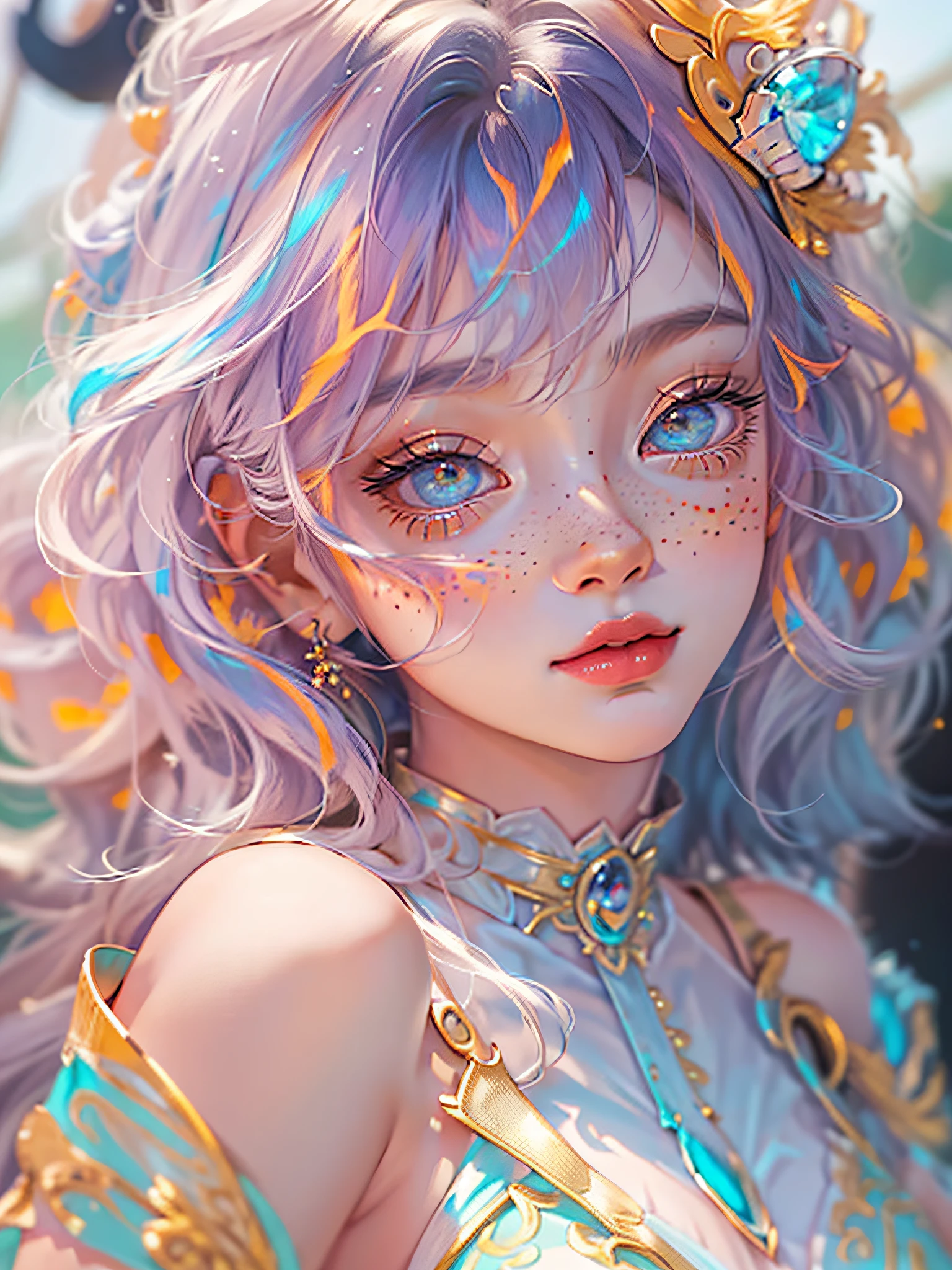 ((ultra detailed)),((Bright eyes)), (Detailed eyes) , 8k, blink blink, (The Little Faux Freckles Makeupgirl), ((realistic skin)), ((focus detailed 2 straps on the shoulders of dress)) , ((shiny facial skin)), with colorful hair and a colorful dress, rossdraws pastel vibrant, rossdraws cartoon vibrant, style anime 8k, beautiful portrait, artgerm colorful!!!, ! dream artgerm, beautiful anime girl, styled digital art, art wallpaper 8k, digital art, extremely detailed artgerm,