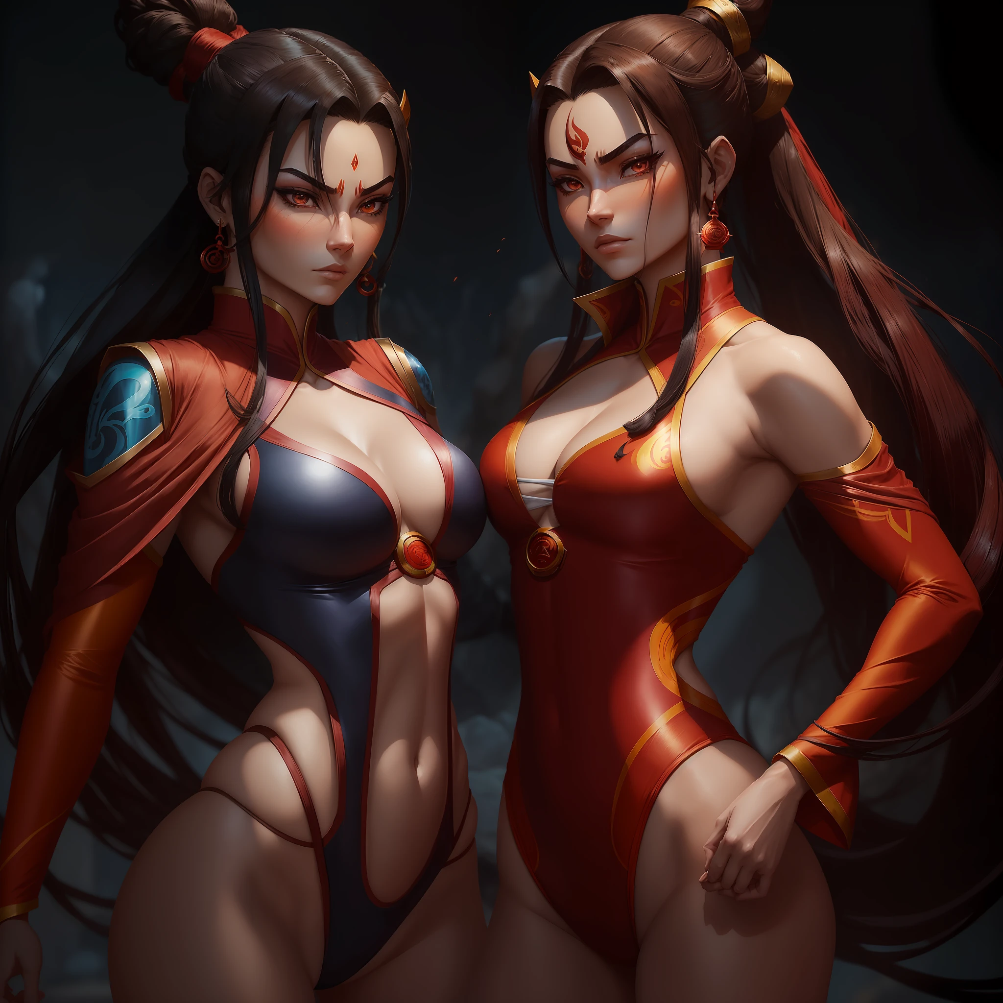 "(personagem feminina:Azula, personagem de Avatar A Lenda de Aang, cabelo escuro, olhos azuis) beijando (personagem masculino: Zuko, personagem de Avatar A Lenda de Aang), no estilo de plugsuit colado ao corpo, with a body-fitting swimsuit."azula "(personagem feminina: Azula, personagem de Avatar A Lenda de Aang, cabelo castanho, olhos azuis) beijando (personagem masculino:Sokka, personagem de Avatar A Lenda de Aang), no estilo de plugsuit colado ao corpo, with a body-fitting swimsuit." batom, maquiagem, rabo-de-cavalo, topknot Commissionedon --auto