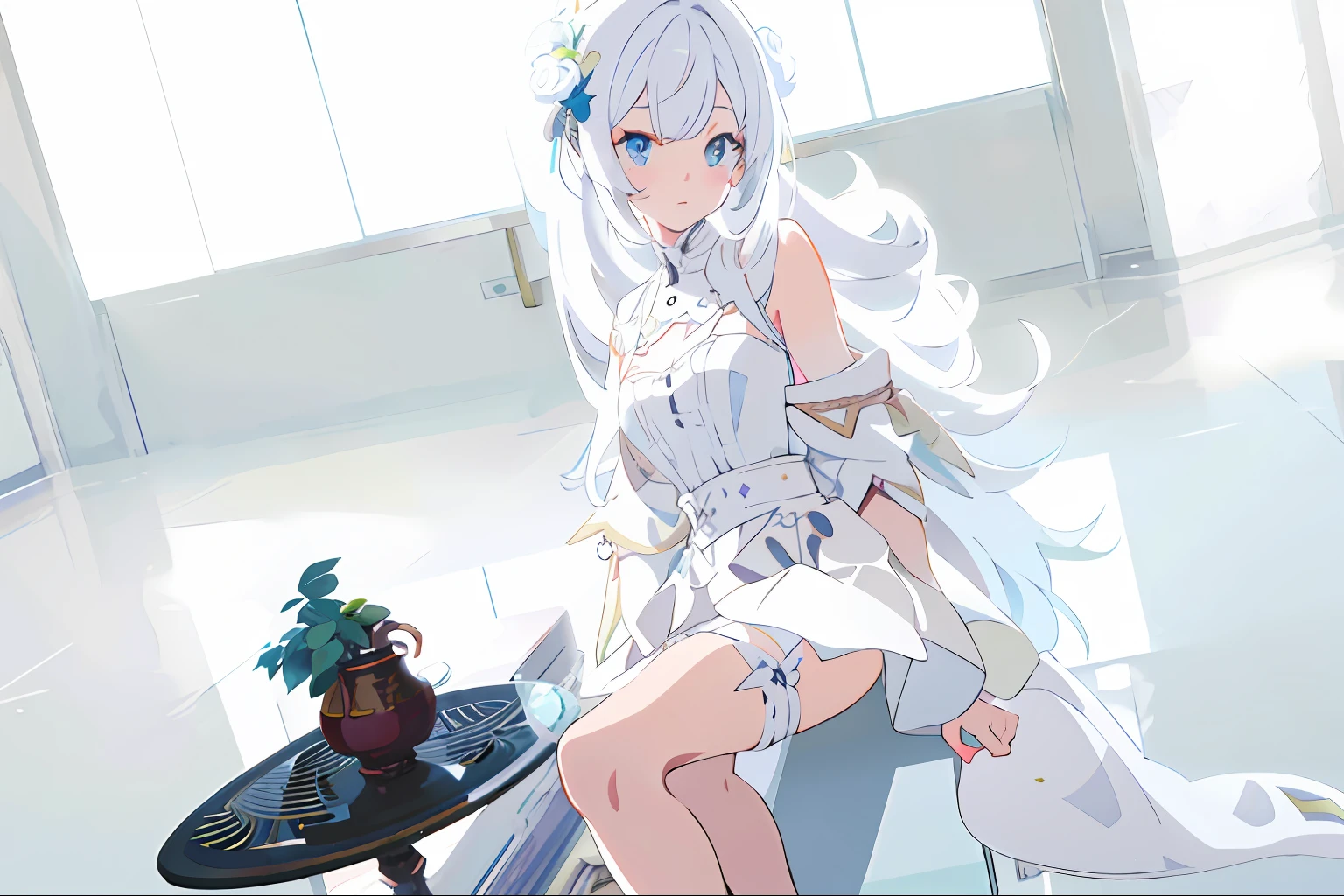 anime girl with white hair and white dress sitting on a tea table,indoor,window in background, digital art on pixiv, anime art wallpaper 8 k, a beautiful artwork illustration, beautiful anime artwork, beautiful anime art, digital anime art, guweiz on pixiv artstation, anime art wallpaper 4 k, artwork in the style of guweiz, anime art wallpaper 4k