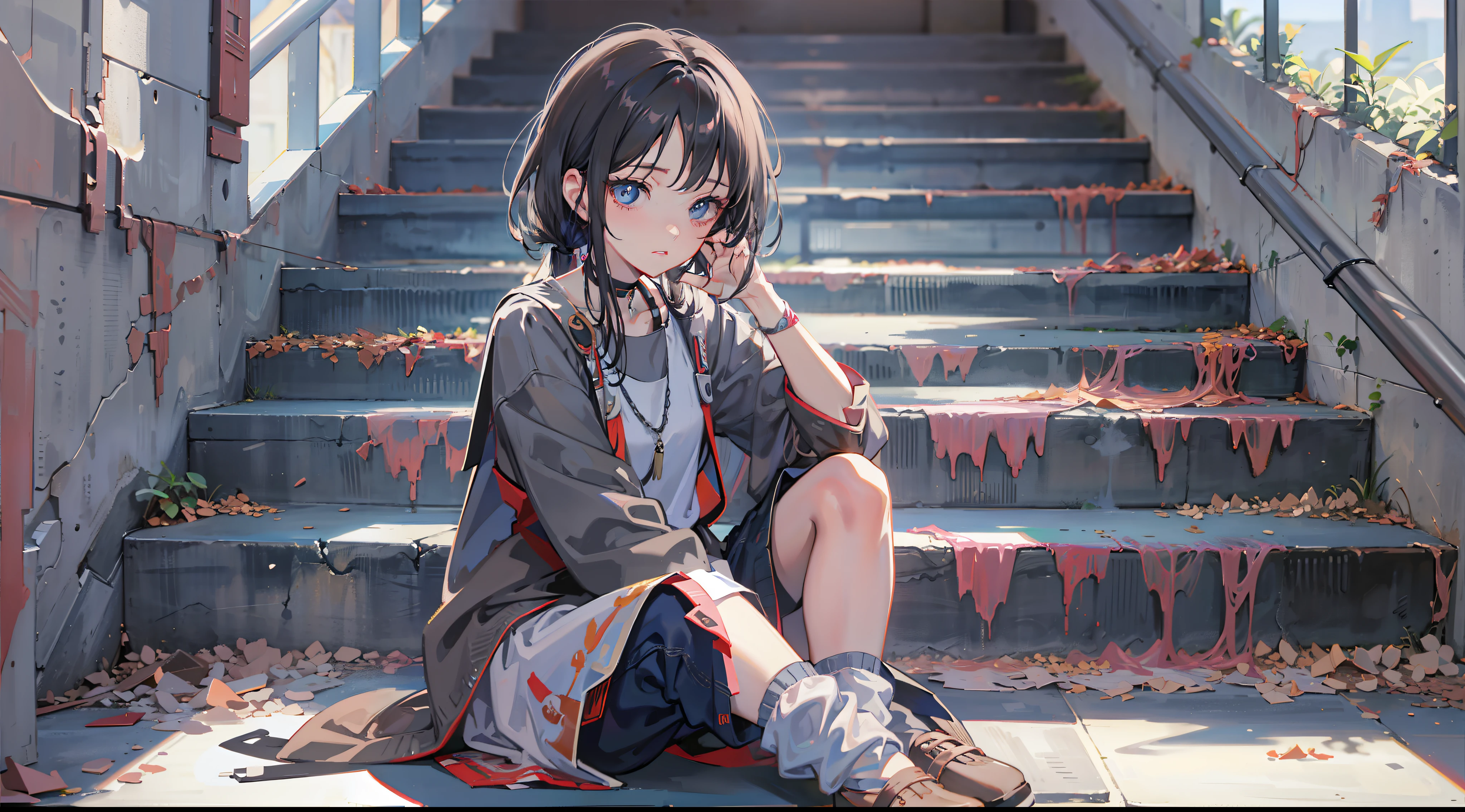 Anime girl sitting on the stairs with her hands on her face, artwork in the style of guweiz, anime style 4 k, guweiz, realistic anime 3 d style, High quality anime art style,  Smooth Anime CG Art, the anime girl is crouching, guweiz on pixiv artstation, realistic anime art style、Woman sitting on chair in black top and jeans, Baggy pants, dressed with long fluent clothes, wearing a long flowy fabric, casual clothing style、 wearing a baggy, multilayered outfit, Silver and muted colors, Relaxed style, grey Clothes, Pants, baggy, Gray skin. grunge, Styling、Ruins、Buildings eroded by vegetation,hi-school girl、military outfits, guweiz and makoto shinkai, realistic anime 3 d style, Kyoto Animation Style