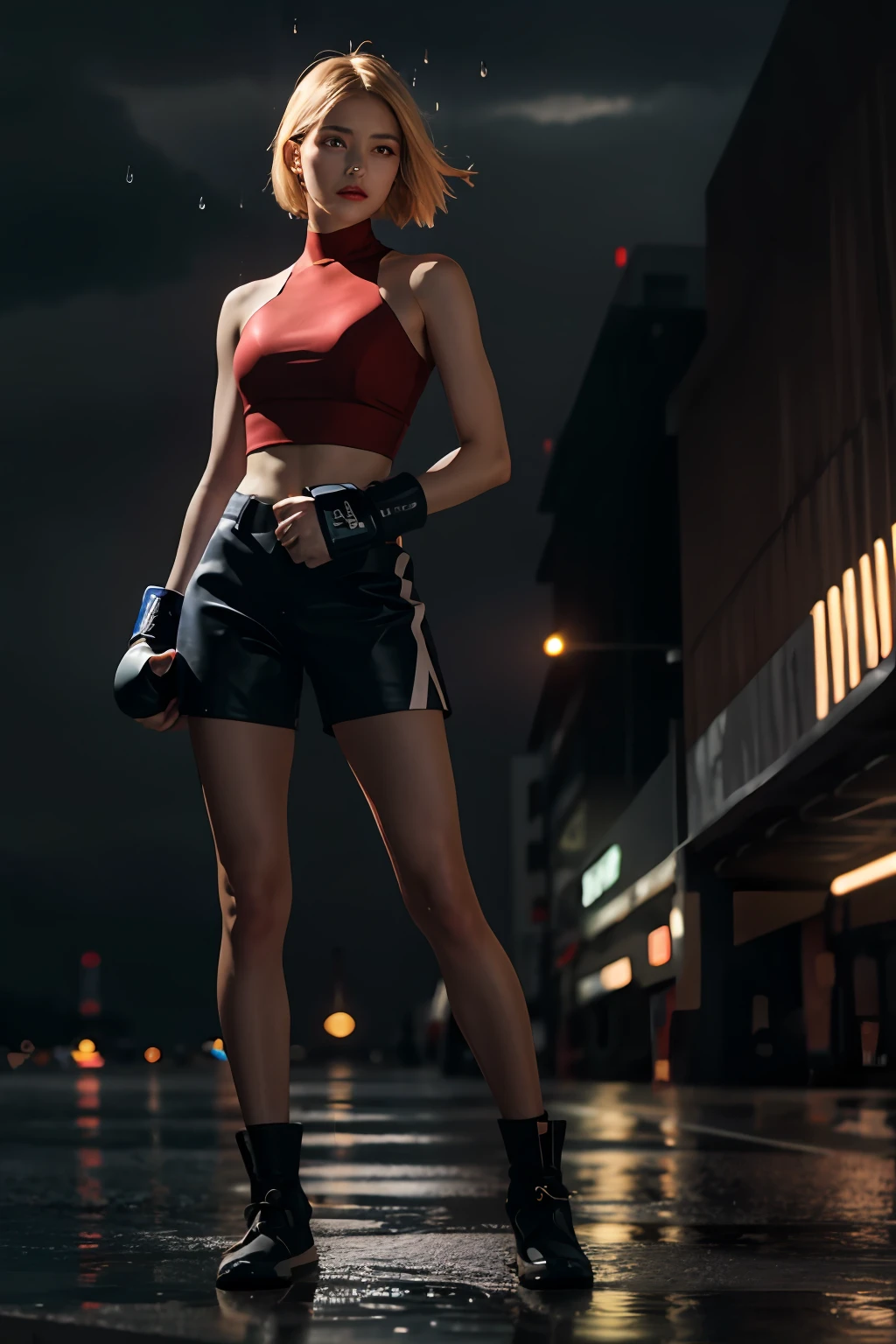 maryms, top quality, (beauty), masterpiece, 1 girl, physics rendering, super hi-res, slender, big eyes, long legs, (small), puffy eyes, night, (rainy city), glossy skin, orientation, standing posture, (make fists), firm look