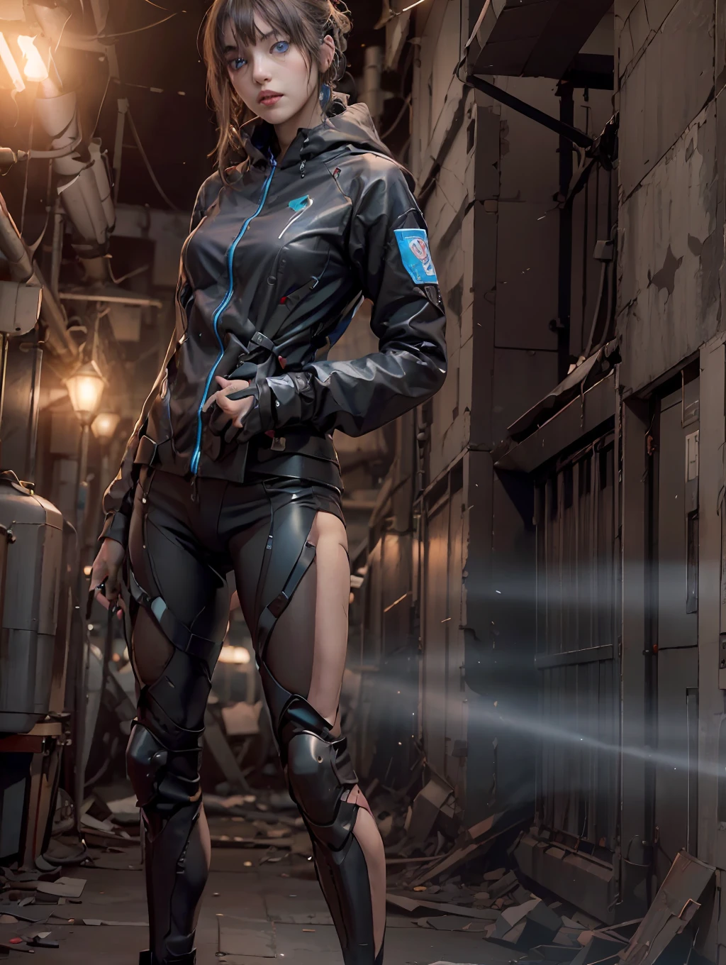 (realisticlying:1.4)、Abandoned factory at night、Projected onto searchlight、Top image quality、central、Full body standing pose、Niō Standing、Large machine guns、Blue eyes、A dark-haired、18 year old woman in expressionless machine