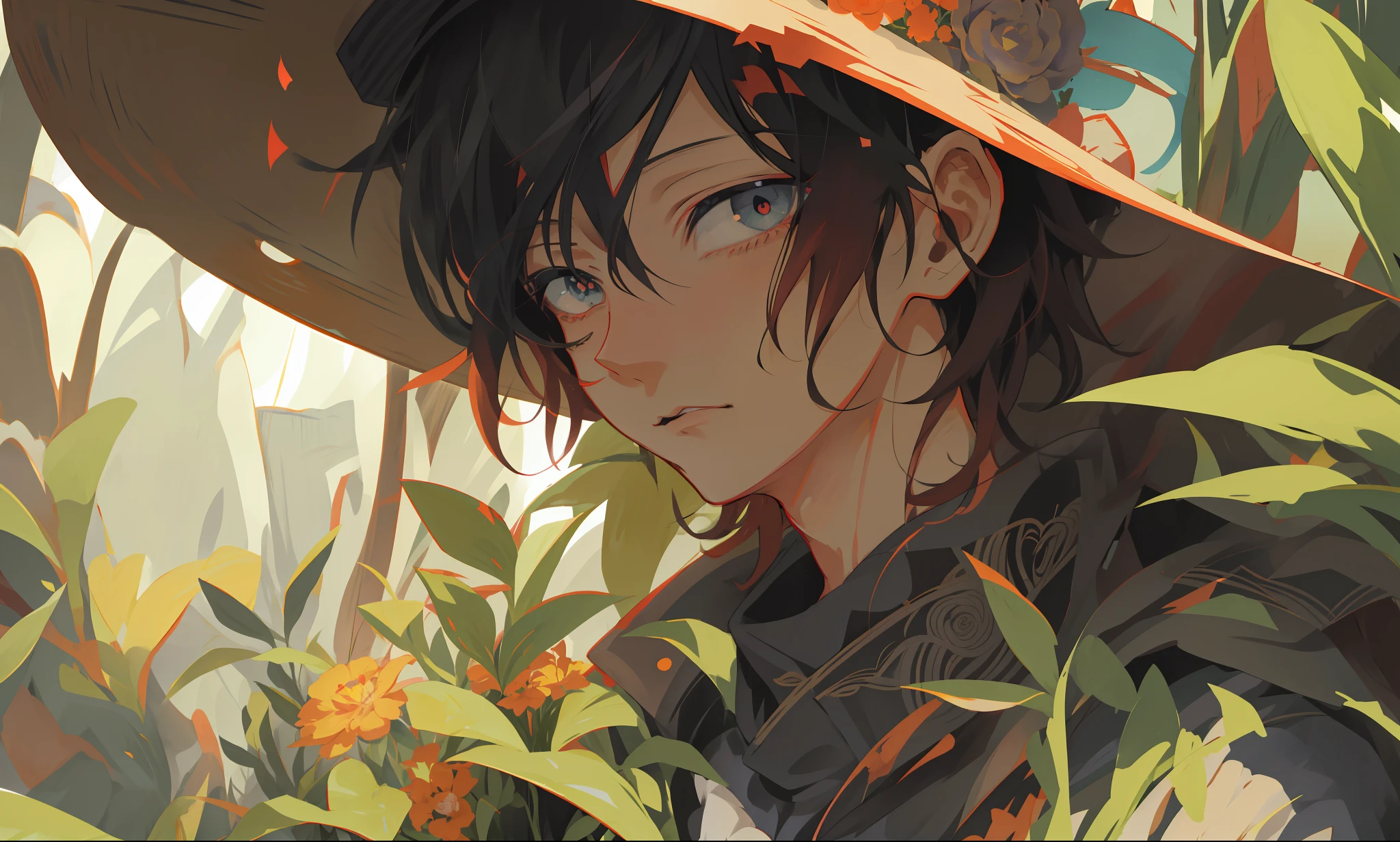 Anime - stylistic image of a man in a hat and flowers, Guviz-style artwork, Anime art wallpaper 4k, Anime art wallpaper 4 K, Anime art wallpaper 8 K, Detailed digital anime art, 4k manga wallpapers, style of anime4 K, Anime wallpaper 4 k, Kawasi, Anime wallpaper 4K, 4K anime wallpaper