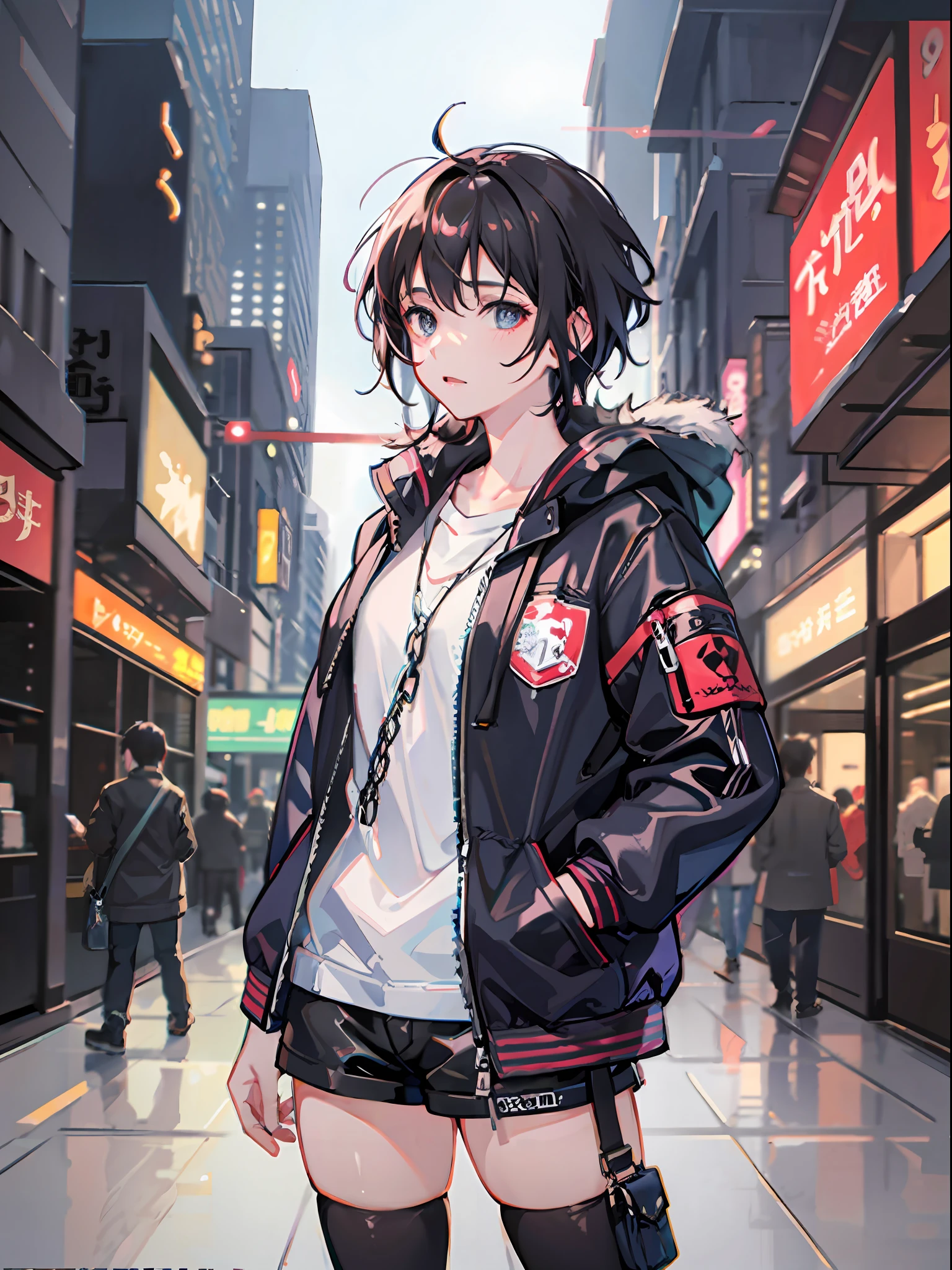 1girl in, jaket, Sateen, plein air, parka, Open jacket, chain, rucksack, Look at another one, hair messy, Trending on ArtStation, 8K分辨率, Highly detailed and anatomically correct, Sharp Images, digitial painting, concept-art, trending on pixiv, style of makoto shinkai,neons