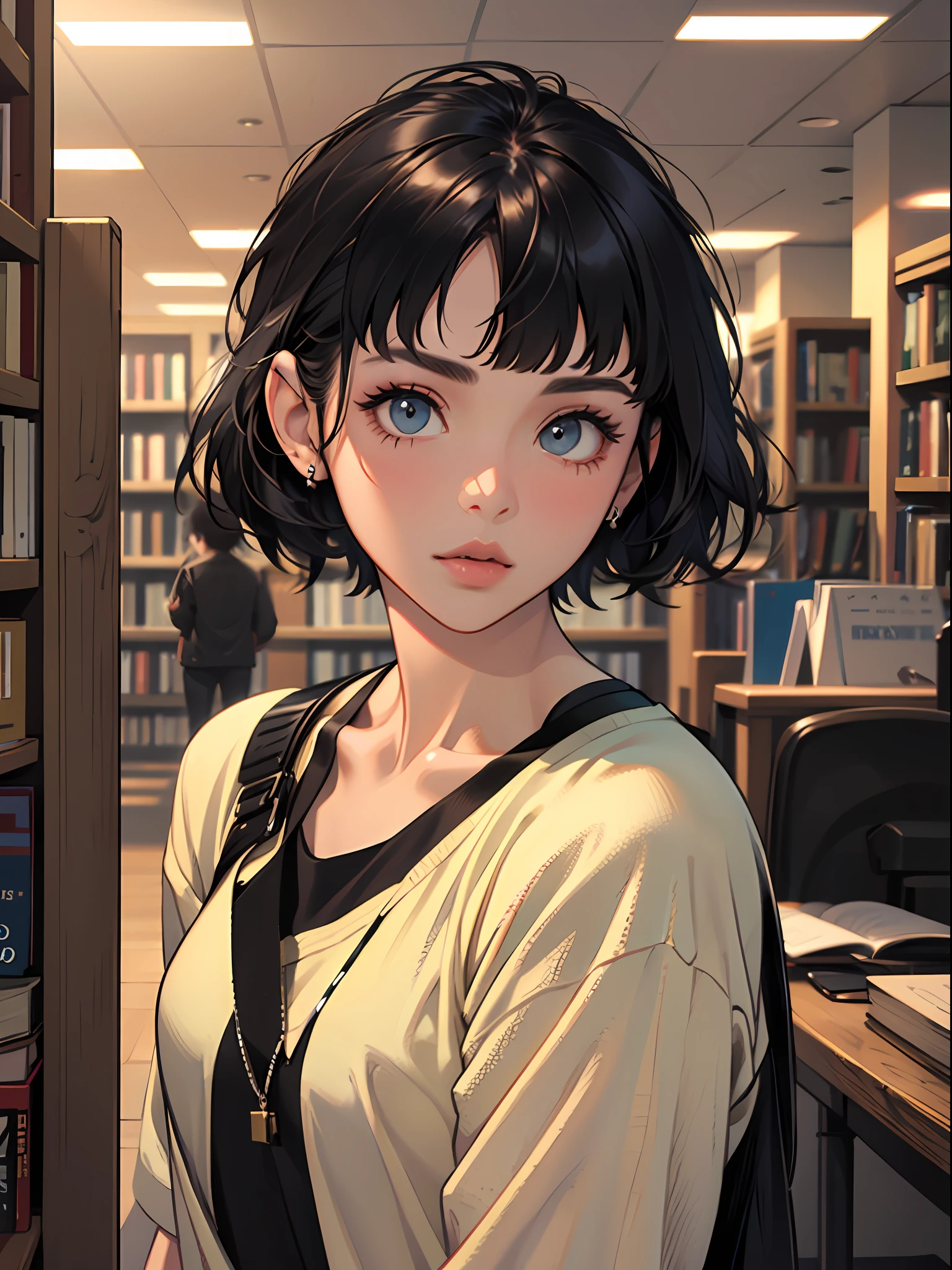 18 year old young girl : 1.3, short black hair: 1.2, Casual wear: 1.2, Daytime: 1.2, In the library: 1.2, Film lighting, Surrealism, UHD, ccurate, Super detail, textured skin, High detail, Best quality, 8k,Thin bangs
