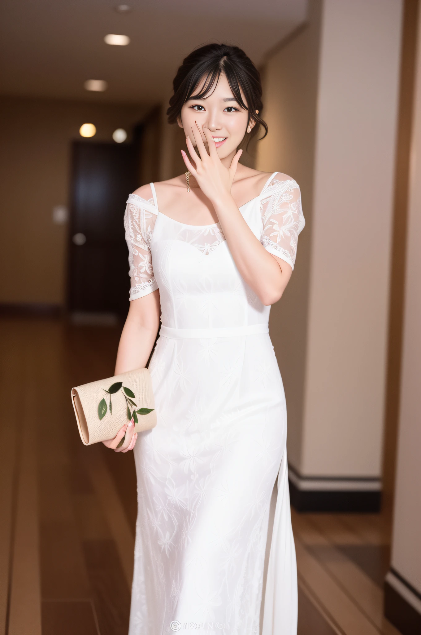 There was a woman in a white dress walking down the hallway, White gown, intricate white dress, skinny girl in white boho dress, Long white dress, elegant white dress, beautiful long white dress, gorgeous chinese models, White lace dress, wearing stunning ivory dress, long luxurious intricate gown, in a long white dress, shaxi, Translucent dress, full body white dress,4k画质,Ultra HD face detail,Textured skin,HighestQuali,Vertical painting shadows,atmospheric distance sense,Smile confidently,Star temperament --auto