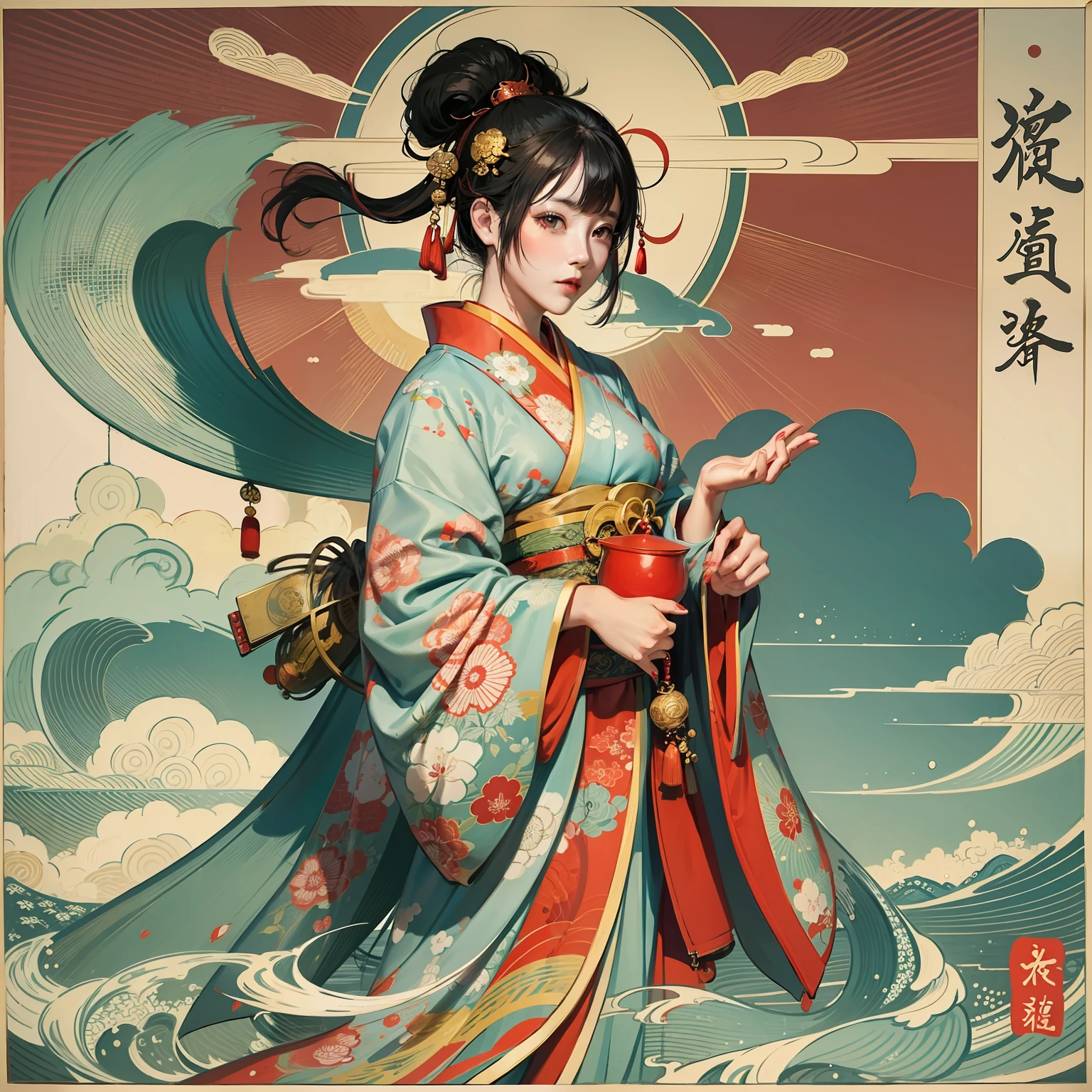 ukiyoe painting、A logo、Bright red sun circle、Beautiful Female Ghost、Kimono、Baiqing、8K、super-fine、Japan sunny
