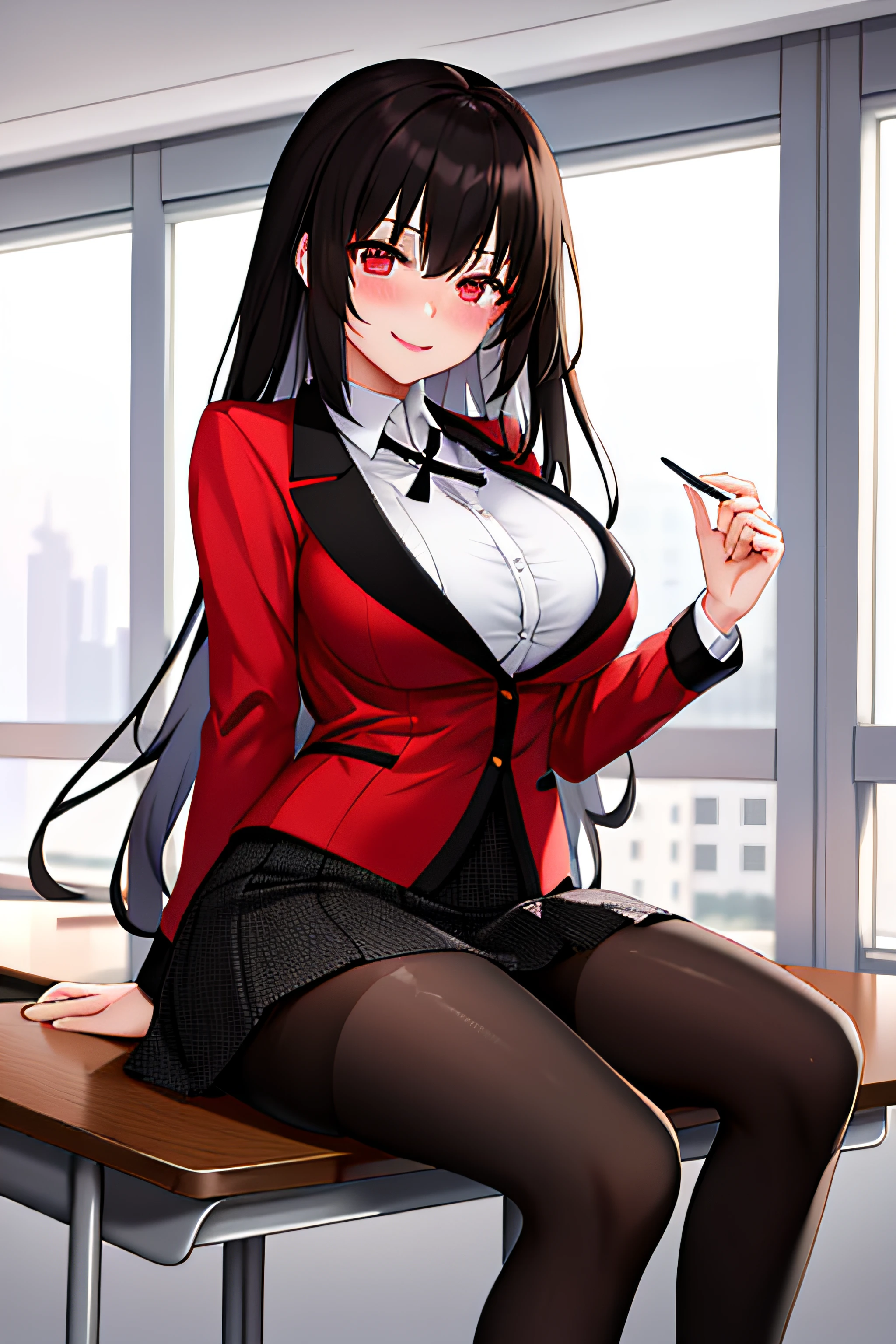 masterpiece, top-quality, hight resolution, hmjy1, length hair, bluntbangs, 校服, a red jacket, Black pantyhose, white shirt, a black ribbon, pleatedskirt, long-sleeve, cowboy shot, radiant eyes, red blush, evil smile, sitting on, Classroom, dark backgrounds, cleavage of the breast、underpants