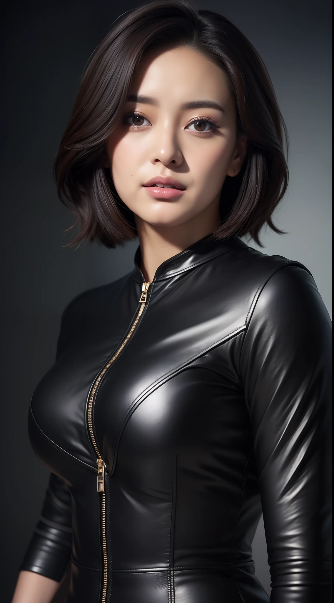 twjihyo、Close-up portrait of Jihyo showing off her crevage in a leather Dominatrix costume、buttocks focus((masterpiece、top-quality))、dark eye-shadow makeup around her eyes、Dark mascara、thicc body、Wide waist、big butt cheeks、large natural hanging breasts、intricate detailes、hightquality、(Photorealsitic)、(Rich:1.4)、Ultra realistic 8K CG、face perfect、flawless、clean、masterpiece、Professional artwork、 famousartwork、电影灯光、Flowers like a movie、face perfect、beautiful countenance、beautidful eyes、1girl in、TWICE、short dark hair、
